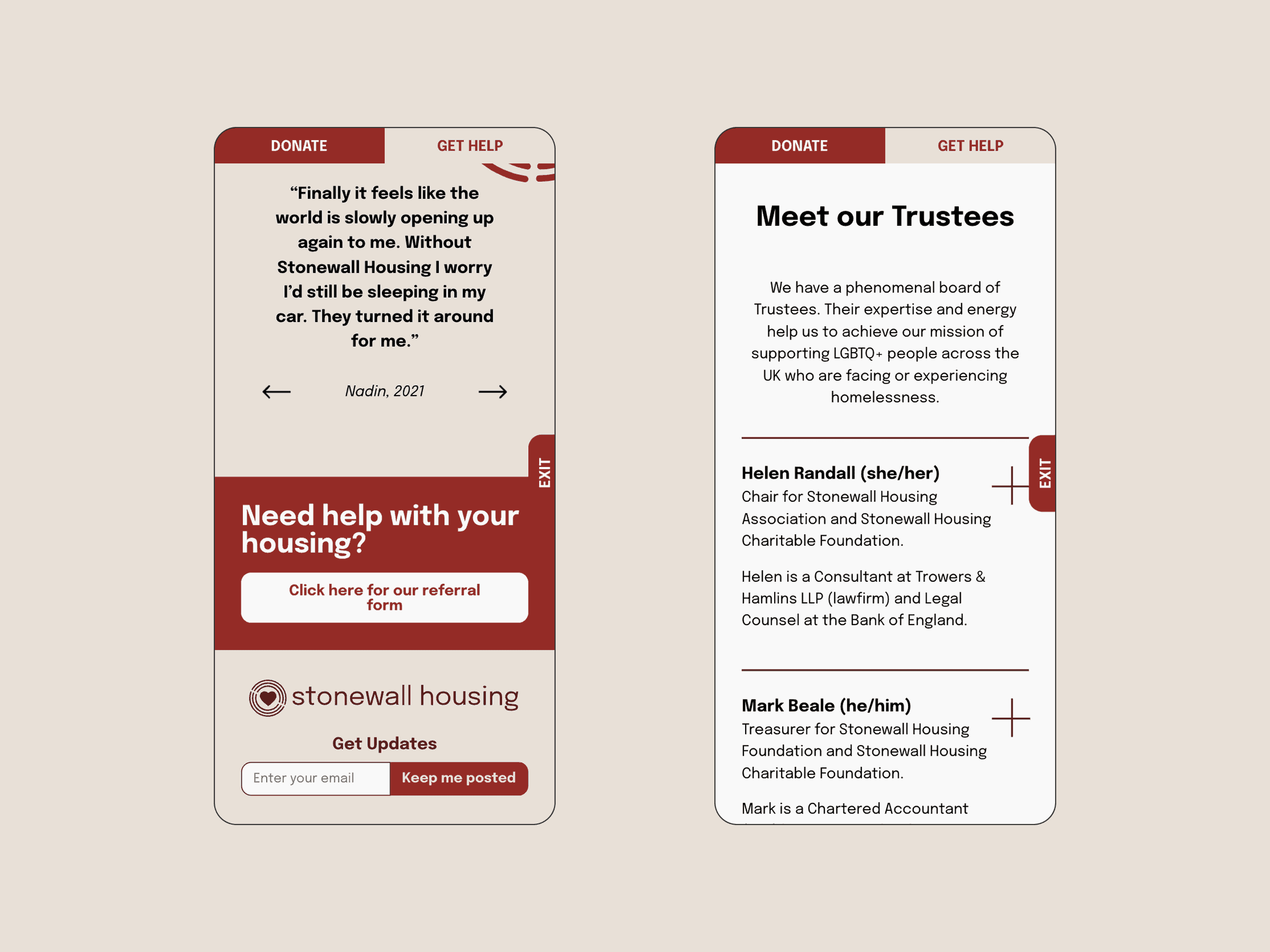 Two mobiles show Stonewall Housing site: LGBT+ housing help, referral form, trustee bios, plus Donate and Get Help buttons.