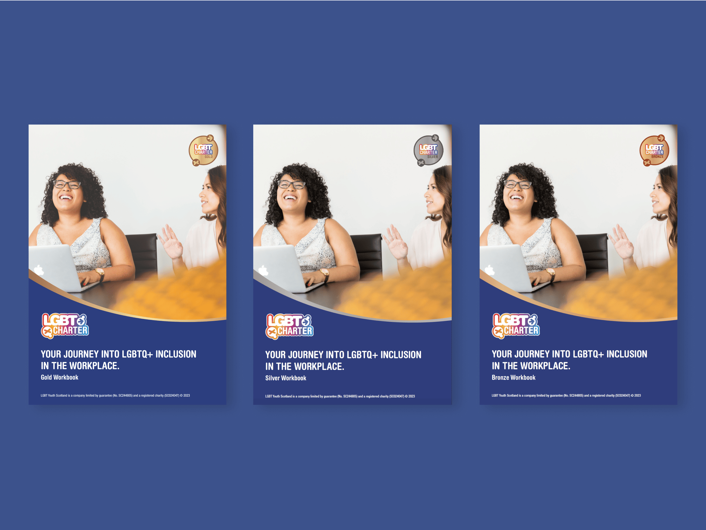 Three posters set against a blue background, each illustrating two people smiling and chatting at a table. The repeated headline reads: Your Journey Into LGBTQ+ Inclusion in the Workplace. Each poster showcases a distinct workbook title authored by God, Shivani, and Bronach.