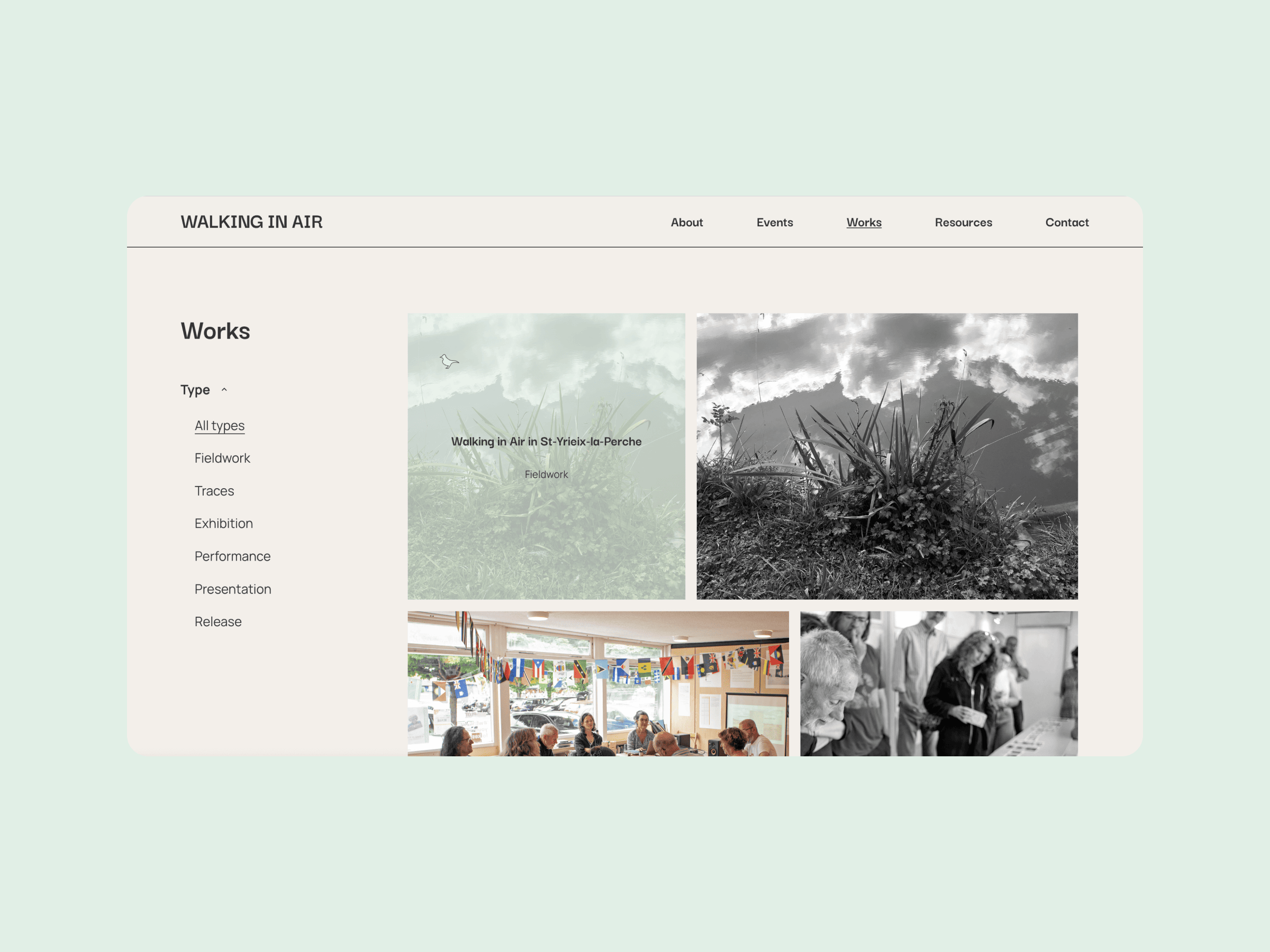 Screenshot of a websites Works page titled WALKING IN AIR. The menu includes options: About, Events, Works, Resources, and Contact. The main section presents a mix of monochrome and colour images, categorised under Fieldwork and Traces.
