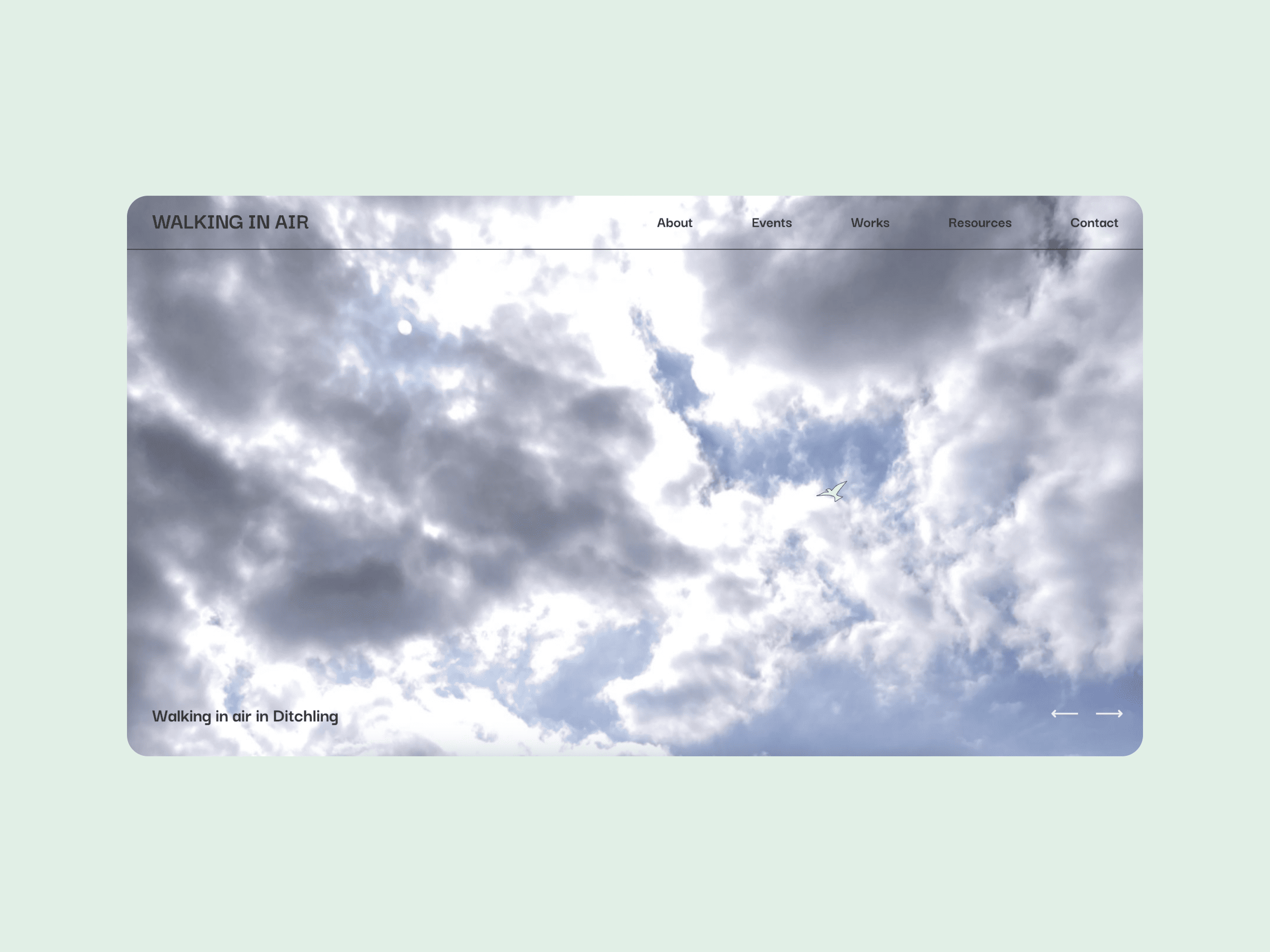 Homepage of a website with a sky theme, showcasing fluffy clouds against a blue backdrop. Navigation menu options are About, Events, Works, Resources, and Contact. The site title reads Walking in Air.