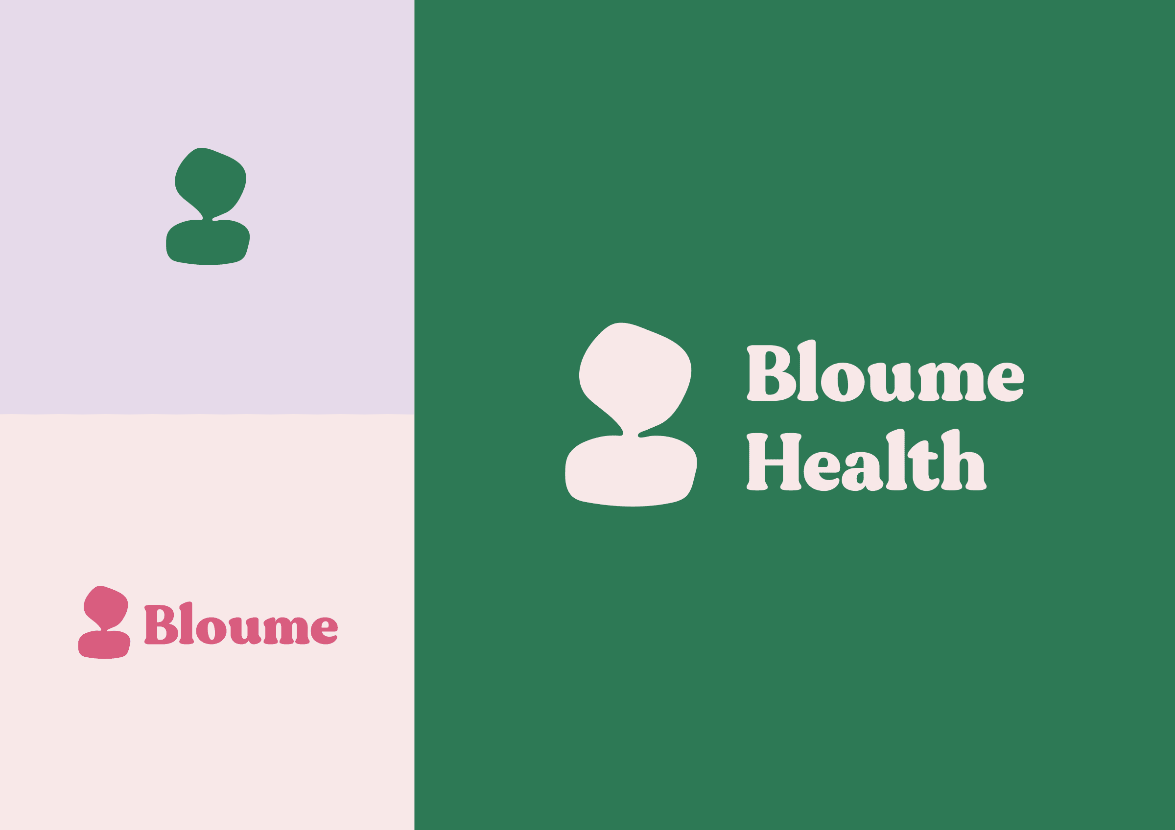 Three sections with the Bloume Health logo. Top left: small green logo on lavender background. Bottom left: small pink logo with the text Bloume. Right side: large white logo featuring Bloume Health on a green background.