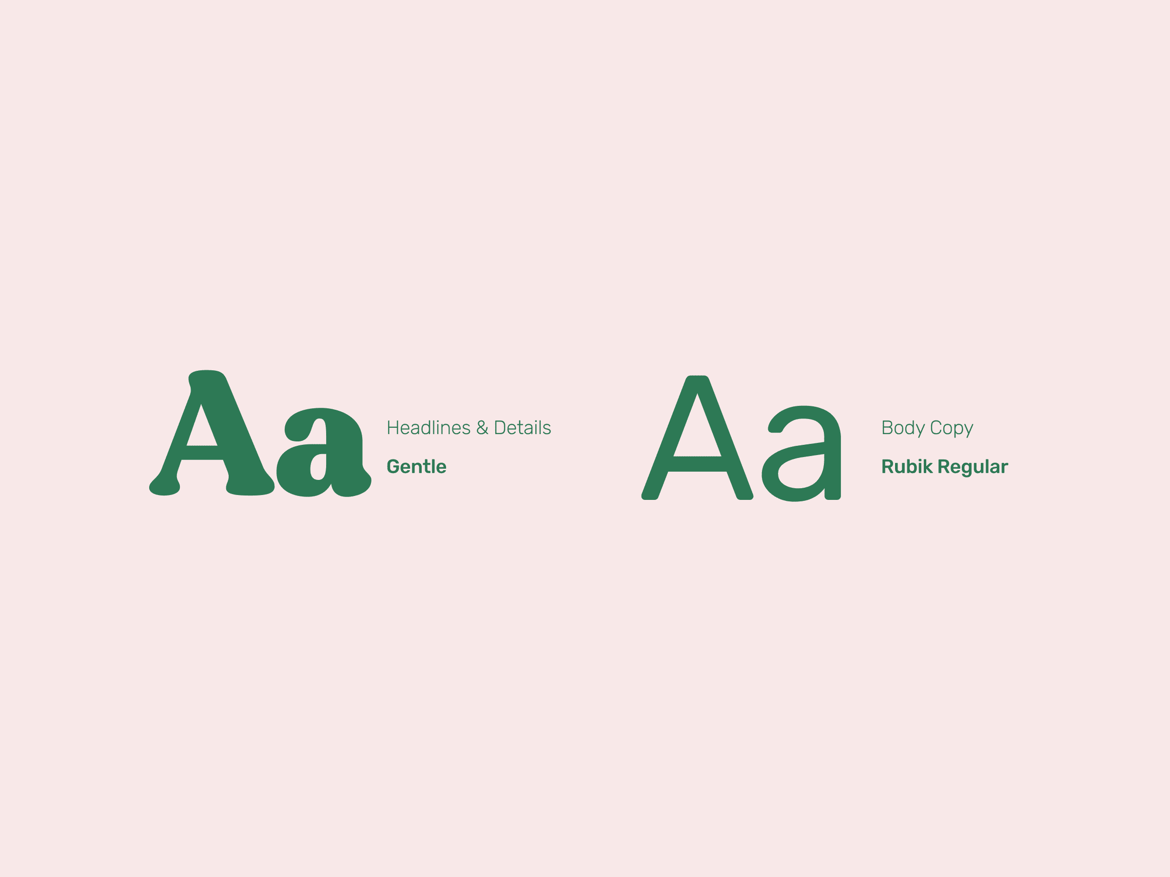 Image displaying two green A letters on a light pink background. On the left, a bold serif font called Gentile, underlined with the phrase Headlines & Details. On the right, a clean sans-serif font known as Rubik Regular, annotated with the phrase Body Copy.
