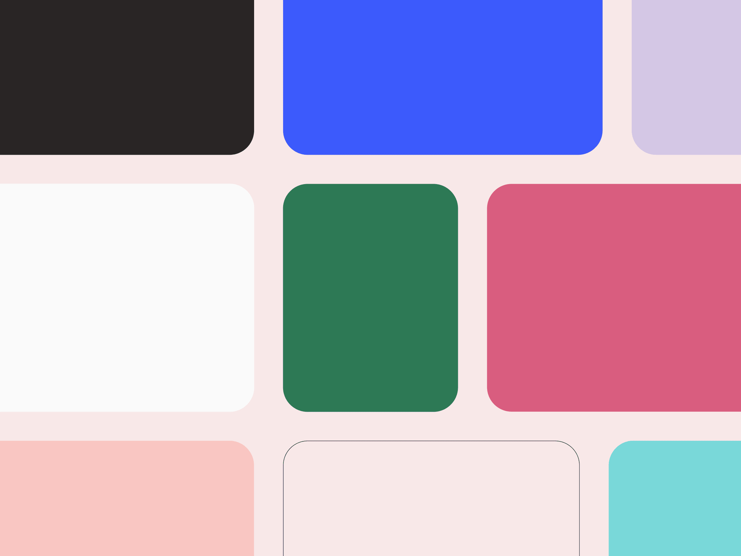 Abstract layout with a grid of colourful rectangles in black, blue, light purple, white, green, pink, and light blue. The background is a soft pink hue, forming a vibrant mosaic pattern.