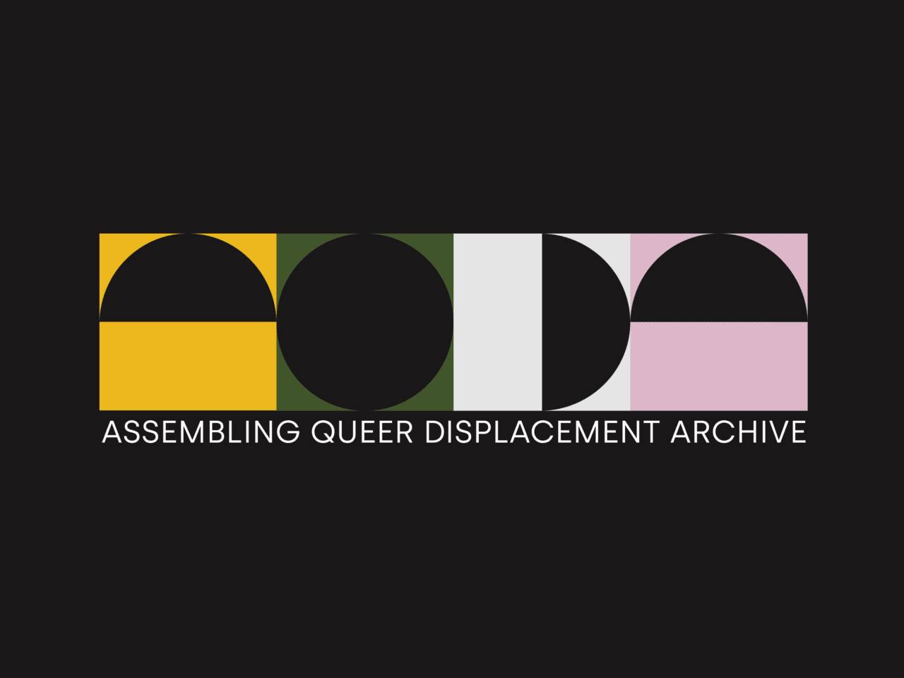 A logo displaying the bold, black, geometric letters A, Q, D, A set against backgrounds in yellow, green, white, and pink. Beneath it sits the text ASSEMBLING QUEER DISPLACEMENT ARCHIVE on a black background.