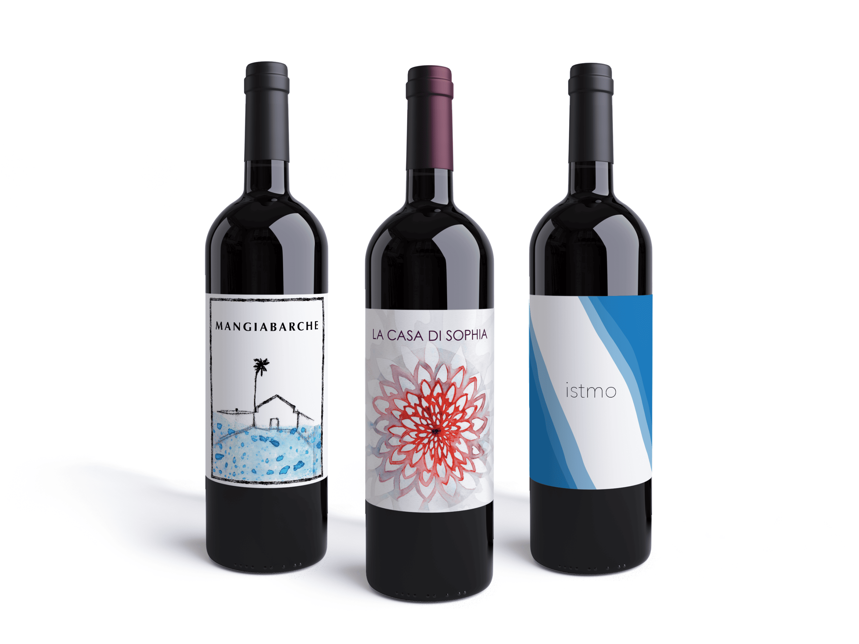 Three wine bottles side by side. Labels from left to right: Mangiabarche with an illustration of a house and sea, La Casa Di Sophia with a red floral design, and Istmo featuring a blue and white geometric pattern.