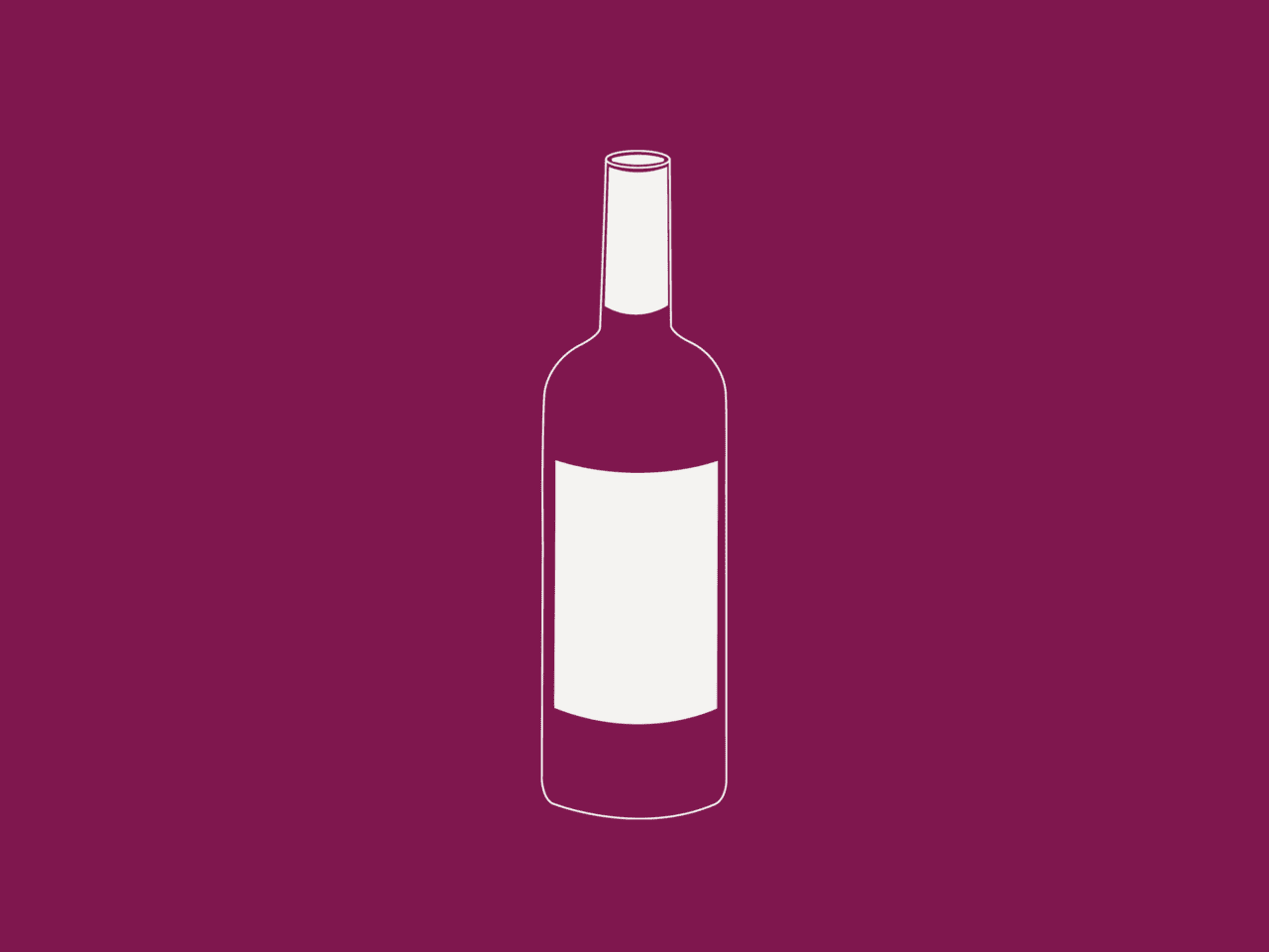 Illustration of a wine bottle with a blank label on burgundy background. The white outline highlights the bottles shape and label area.