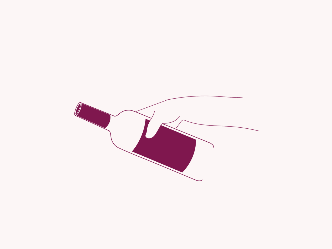 A minimalist illustration features a hand clasping a wine bottle adorned with a purple label, positioned against an unadorned background.
