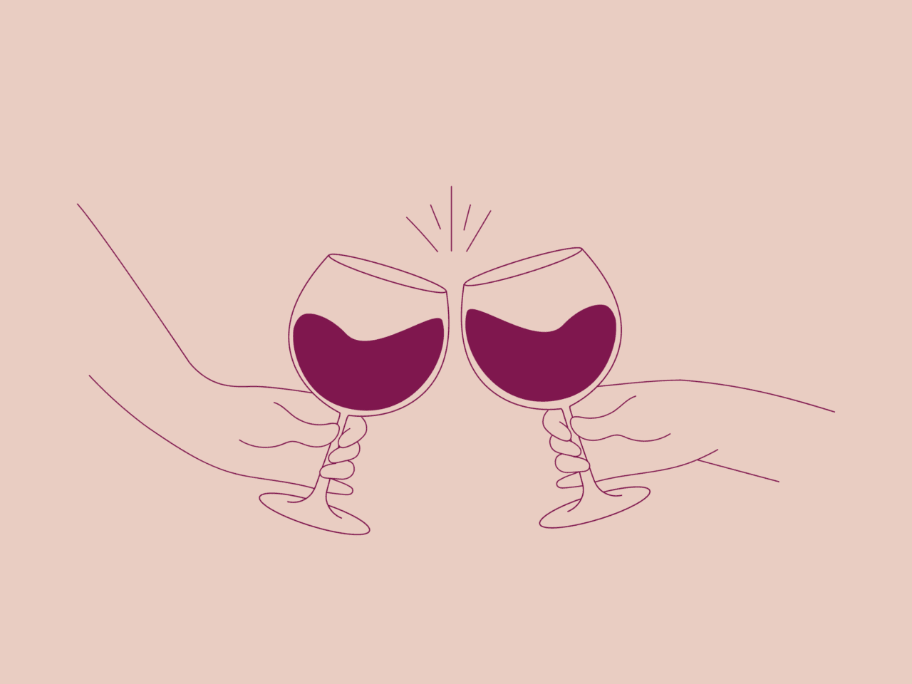 Illustration of two hands toasting with red wine glasses against a soft pink backdrop, with a small burst showing the clink.