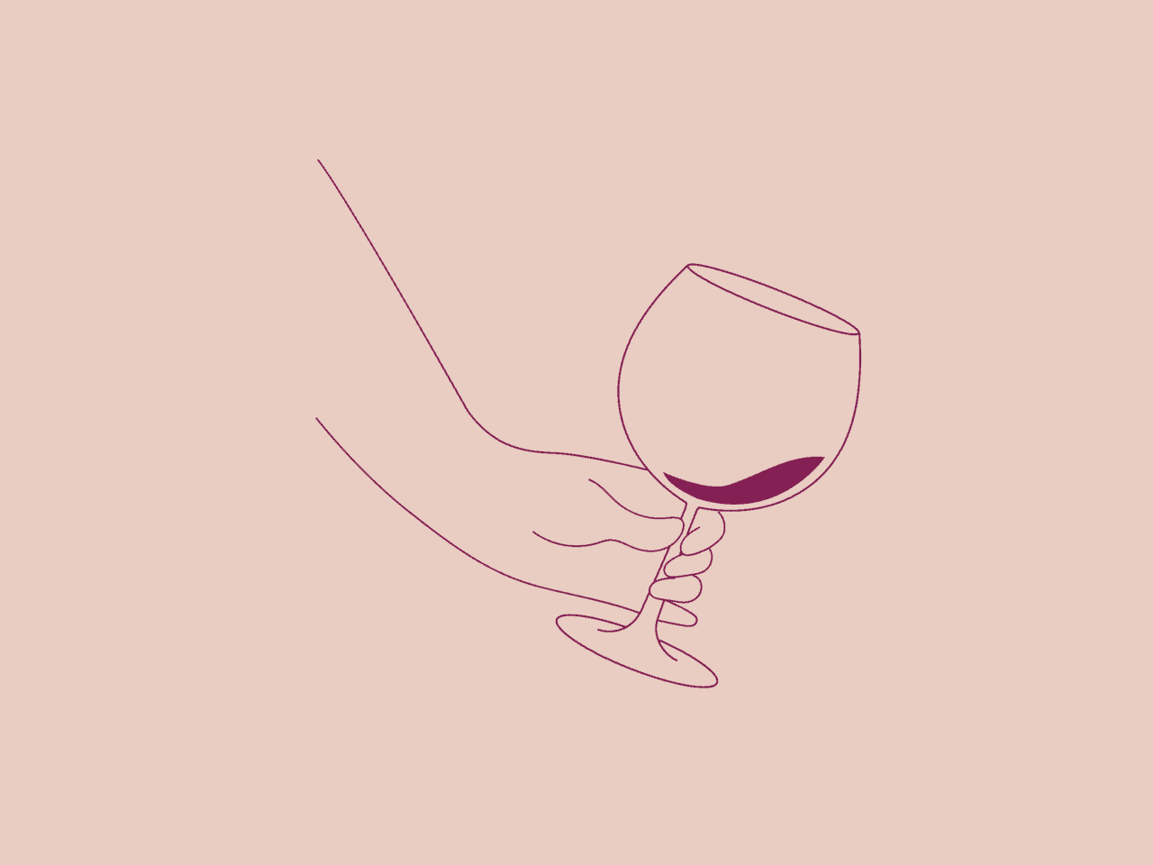 A minimalist line drawing of a hand clutching a wine glass containing a small amount of wine, all set against a gentle pink background.
