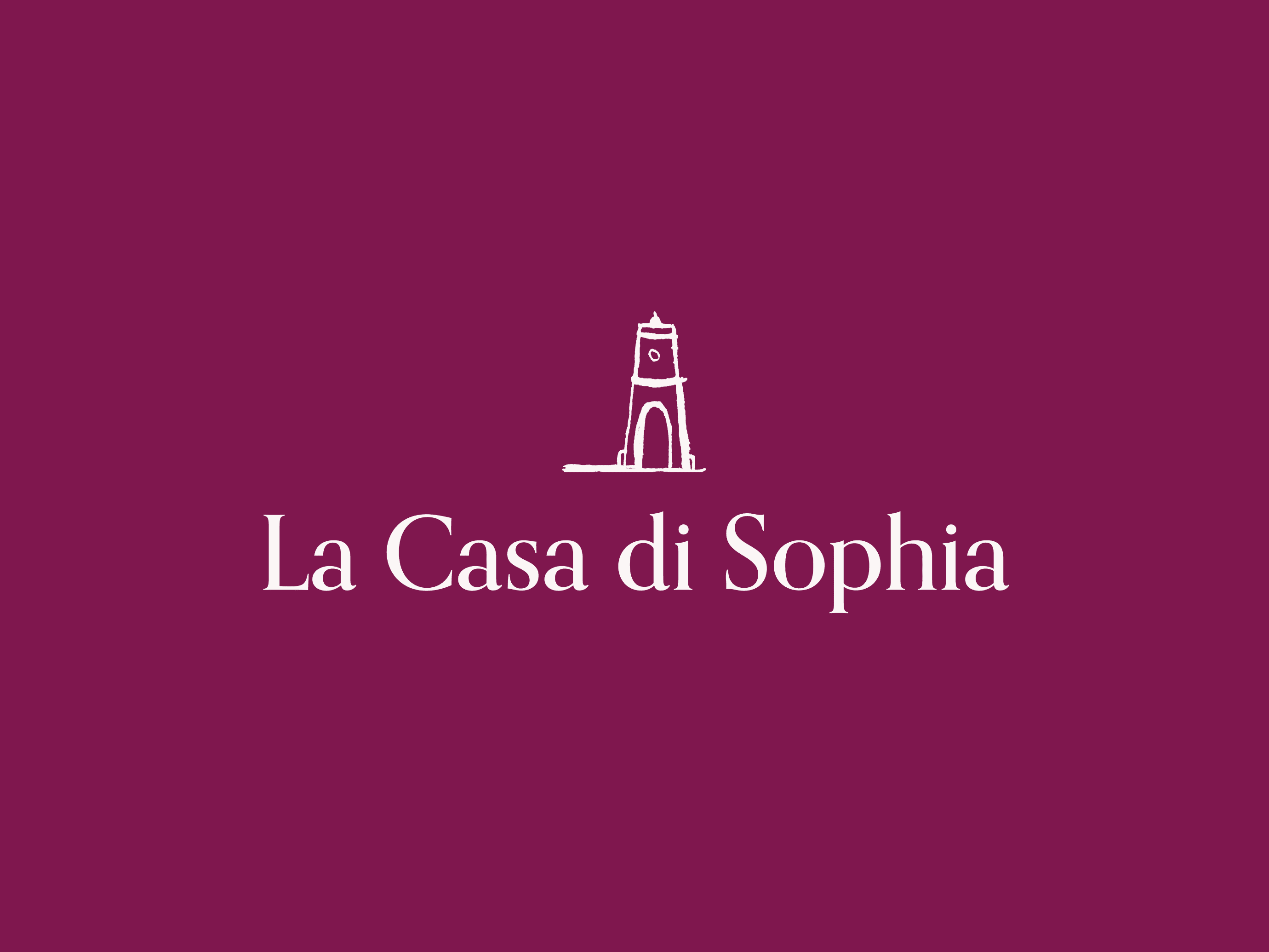 Logo with minimalist design on a purple background, showcasing a white clock tower illustration above the text La Casa di Sophia.