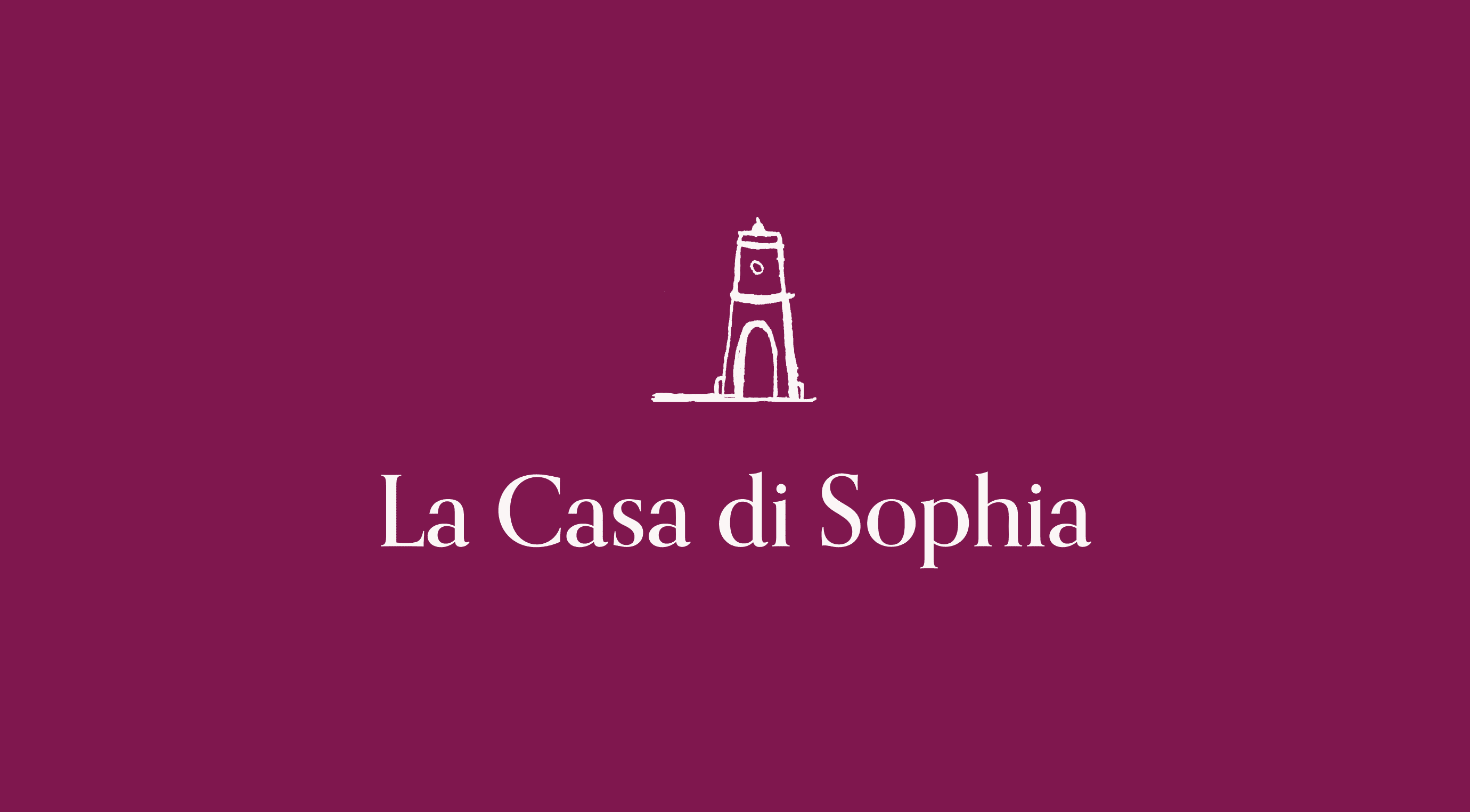 Image shows a minimalist illustration of a tower positioned above the words La Casa di Sophia on a maroon background.