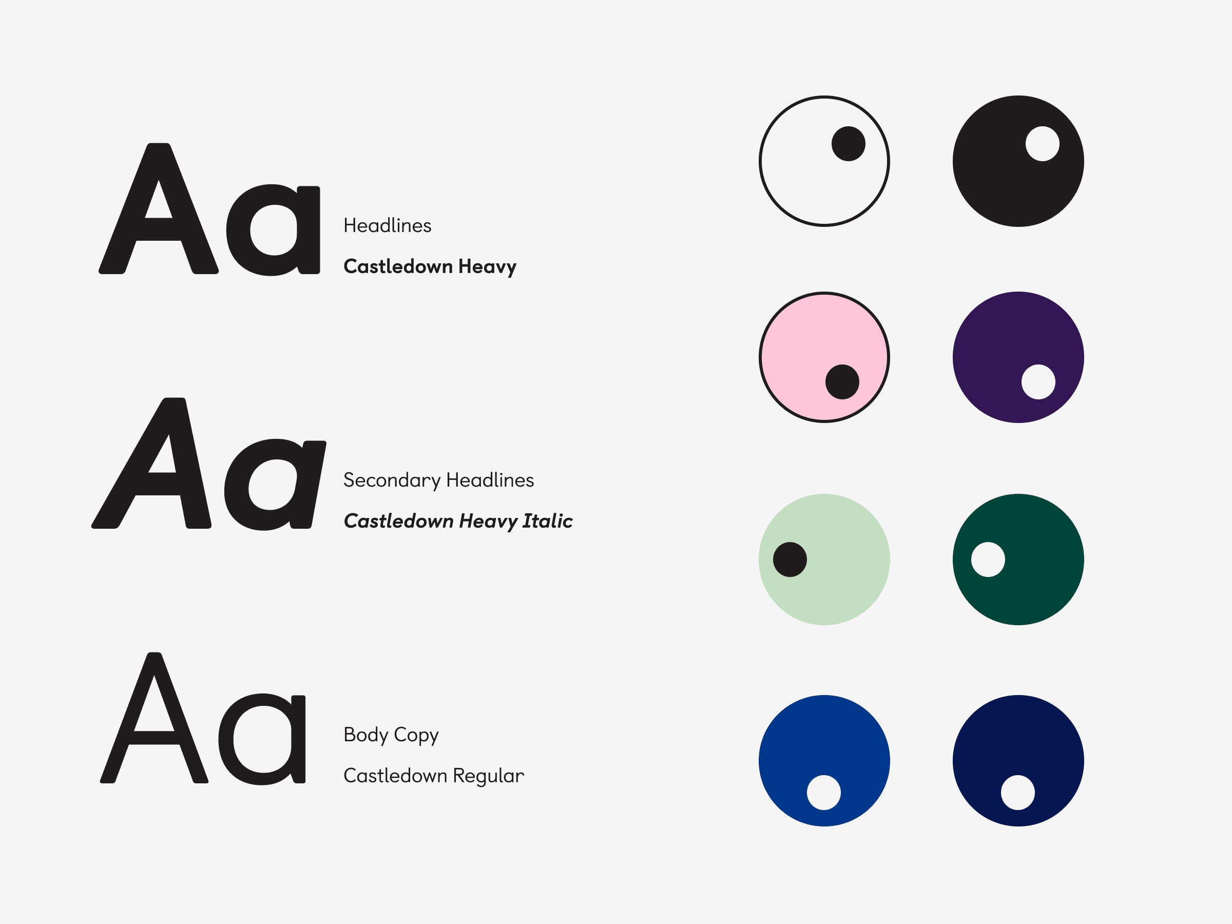 Typography and colour palette design display. Three font styles labelled as headlines, secondary headlines, and body copy, all in Castledown variations. Six coloured circles on the right: pink, black, purple, green, blue, and navy.