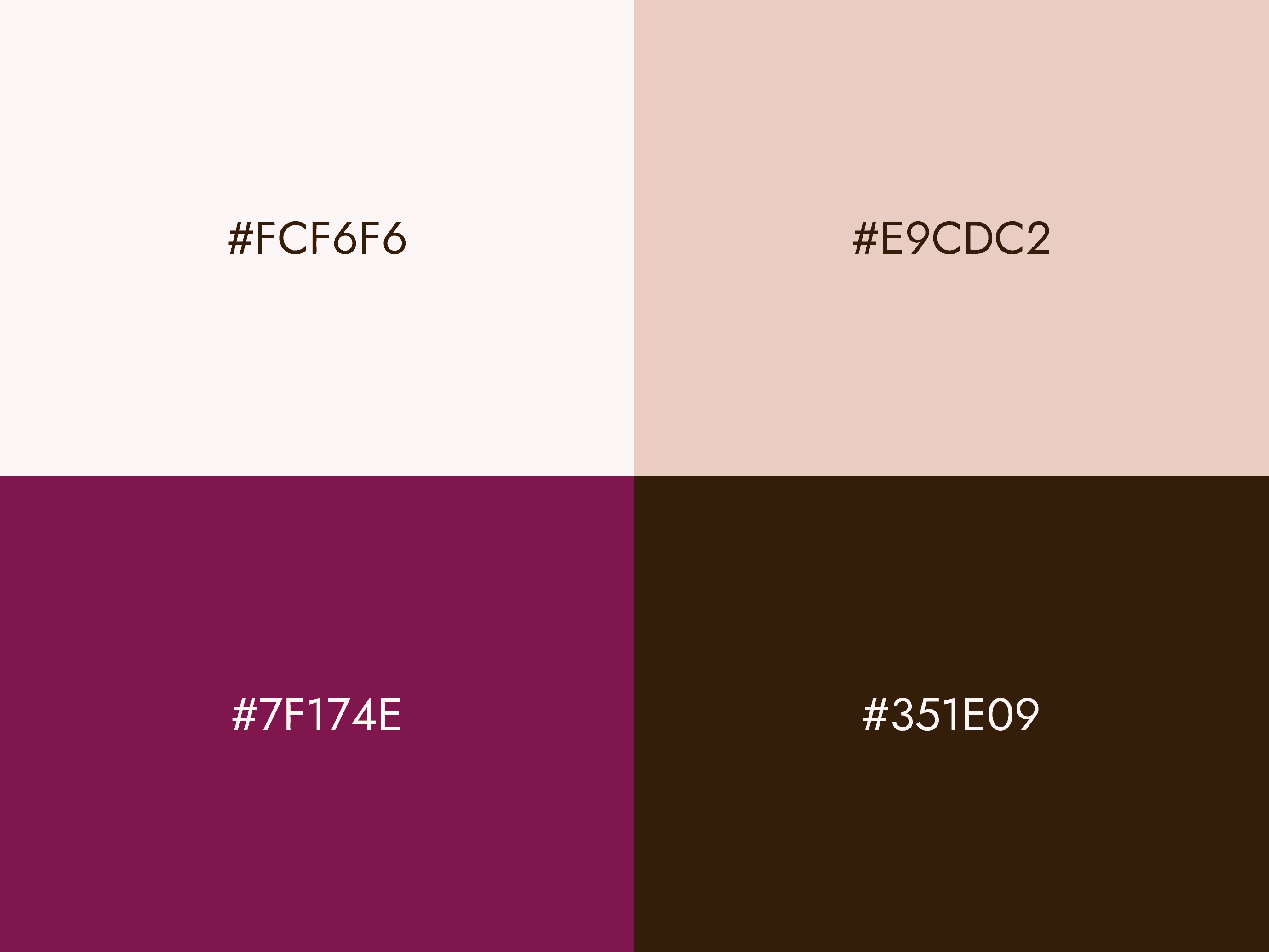 A square divided into four equal sections, each filled with a different colour. Top left features light pink (#FCF6F6), top right showcases beige (#E9CDC2), bottom left displays deep magenta (#7F174E), and bottom right exhibits dark brown (#351E09).