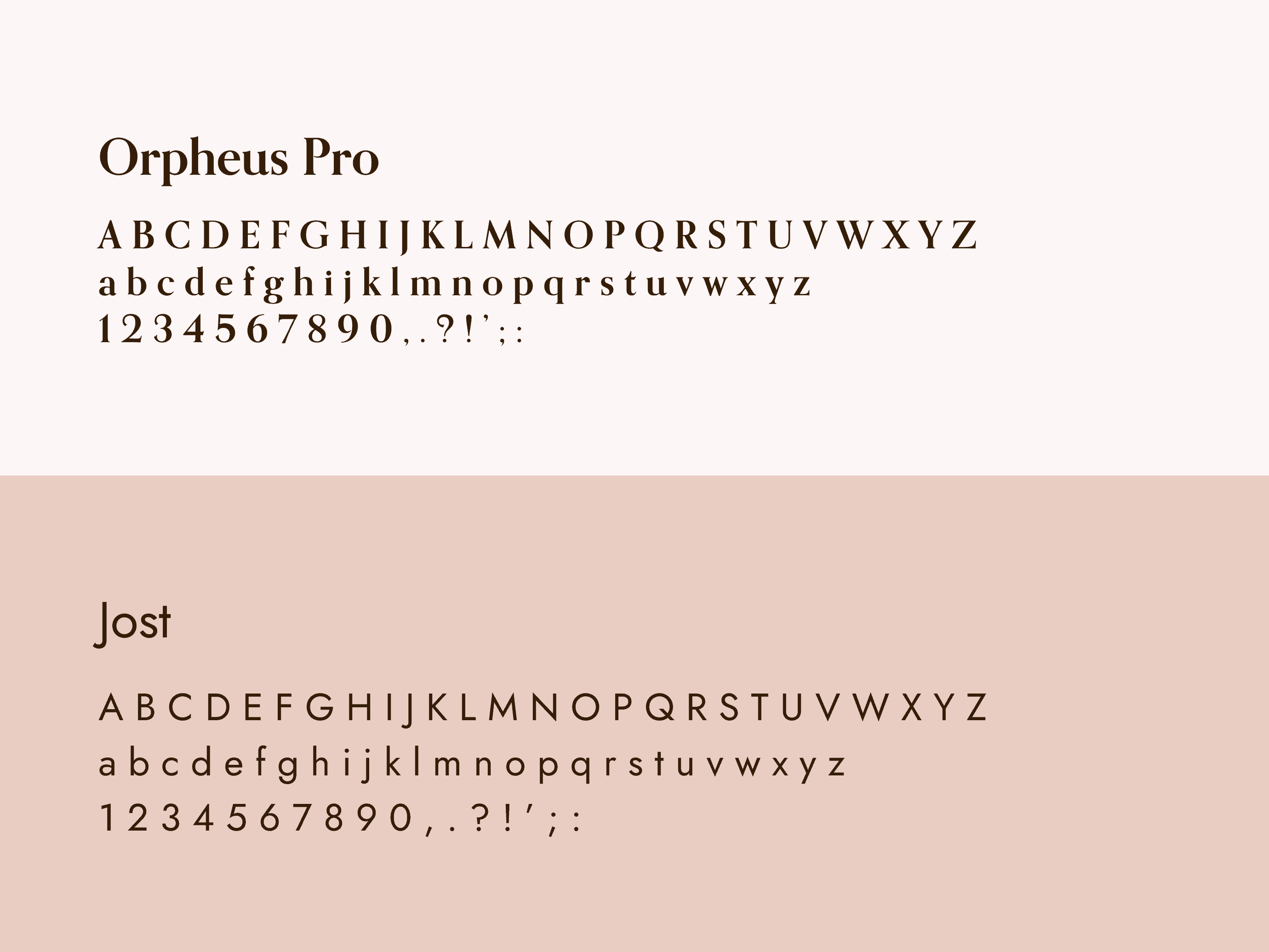 A side-by-side comparison of two fonts on a beige background. Top: Orpheus Pro, displaying a serif style with uppercase and lowercase letters, numerals, and punctuation. Bottom: Jost, featuring a sans-serif style with the same range of characters.