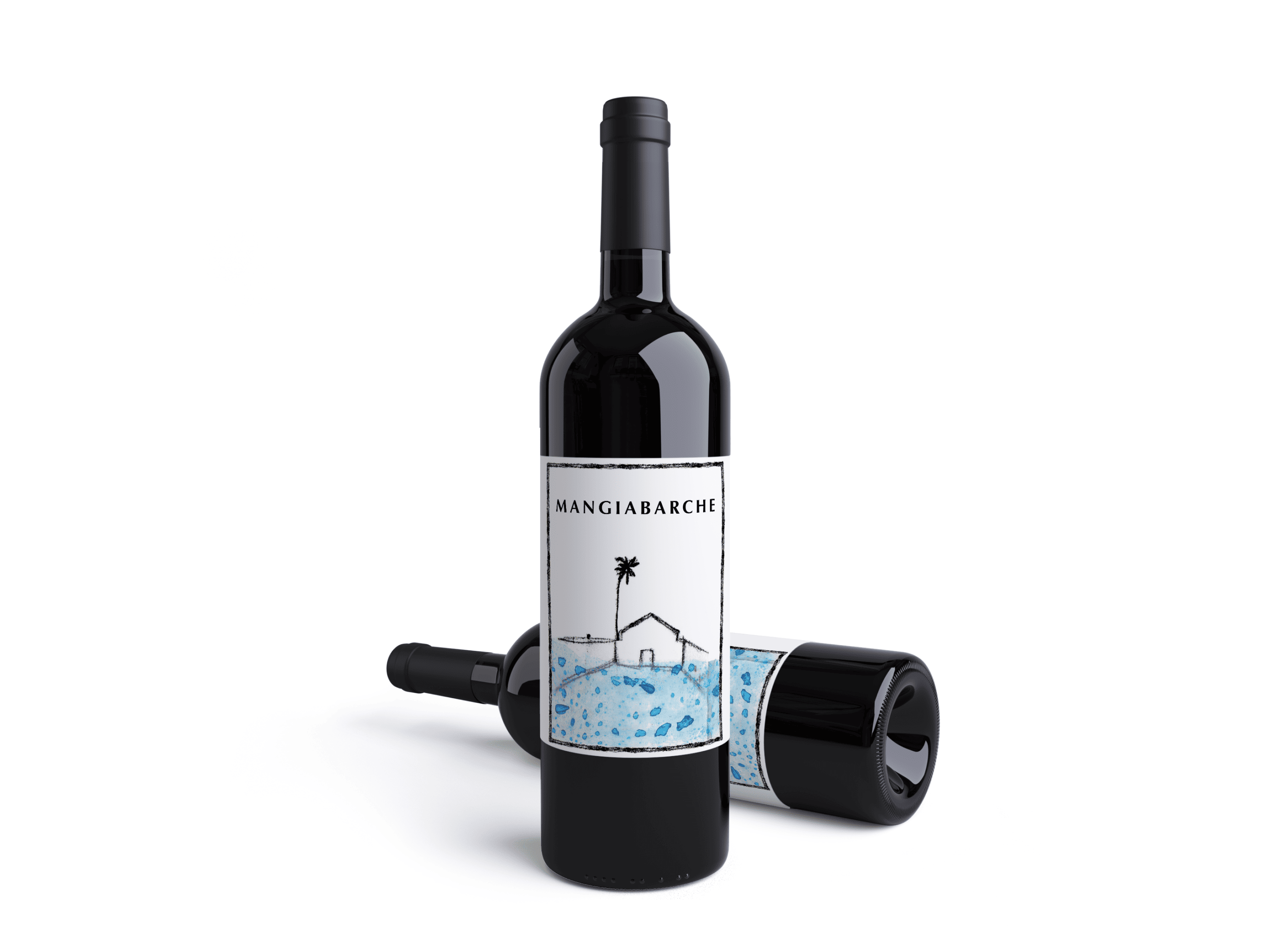Two wine bottles set against a white background; one standing upright, the other lying flat. Both labels showcase a minimalist coastal design, featuring a palm tree and house on the water, with Mangiabarche printed above.