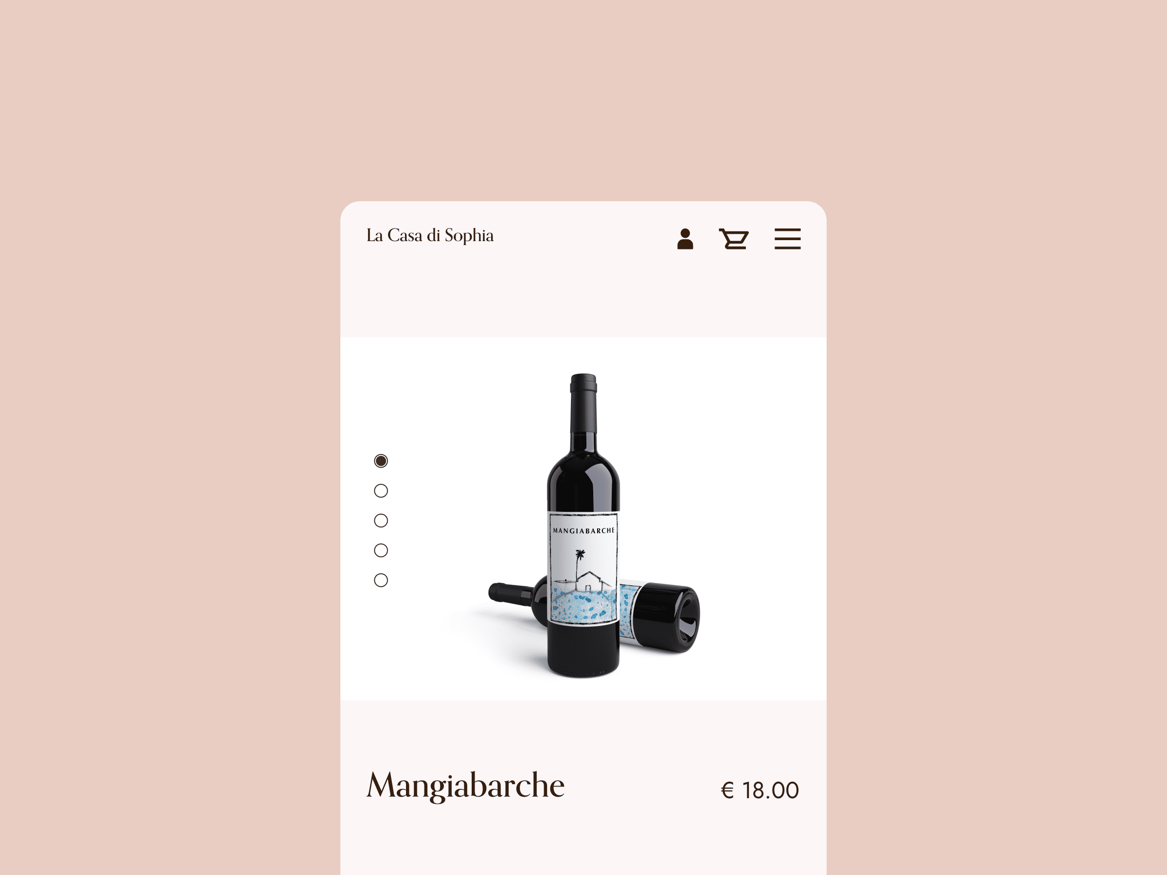 Wine bottle mock-up for Mangiabarche with a nautical-themed label showcasing a lighthouse and waves. One bottle is standing upright, whilst another lies on its side in the background. Price displayed as €18. Background is light pink with the header La Casa di Sophia.