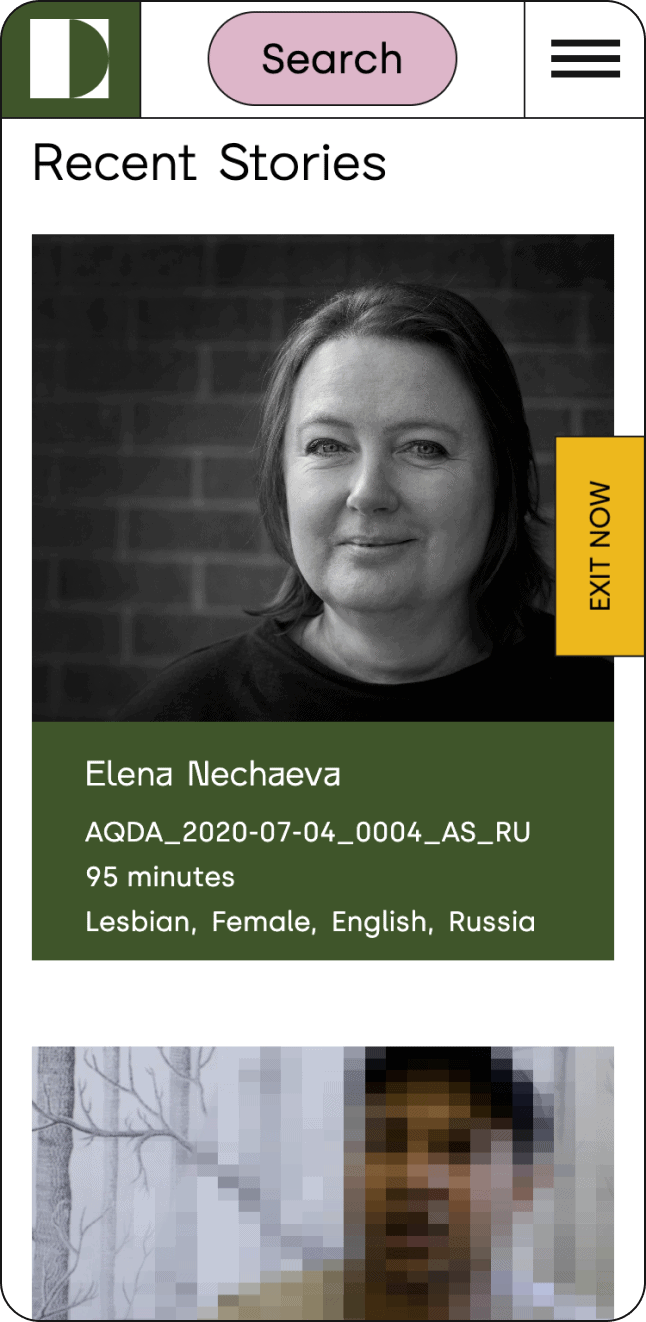 Screenshot of a mobile webpage displaying a black and white portrait of a woman named Elena Nechaeva. Below the image, film information is presented: duration 95 minutes, keywords including Lesbian, Female, English, Russia. An Exit Now button is located on the side.