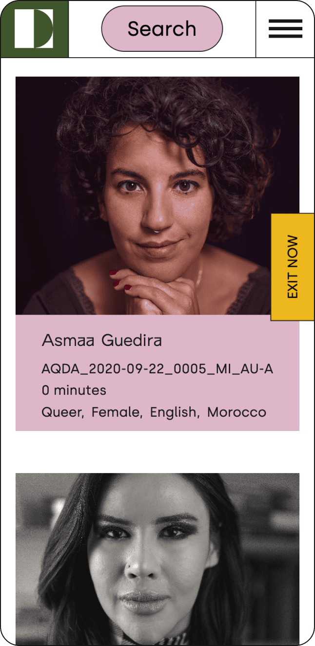 Screenshot of a website displaying two portraits. The first portrait features a person with short curly hair, resting their chin on their hands; accompanied by text highlighting their name and personal details. Below is the second portrait, showing a person with long hair.