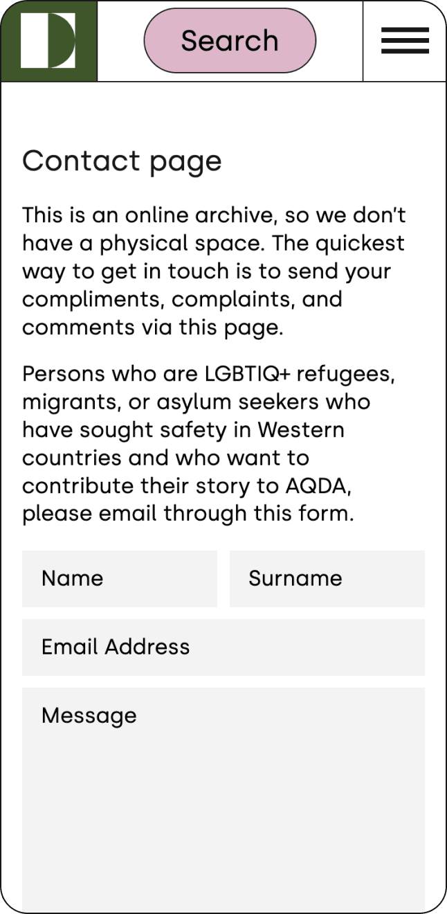 Screenshot of a contact page from an online archive. The page includes a title, description on how to interact with the platform, and form fields for first name, surname, email address, and message. It provides assistance specifically for LGBTIQ+ refugees and migrants.