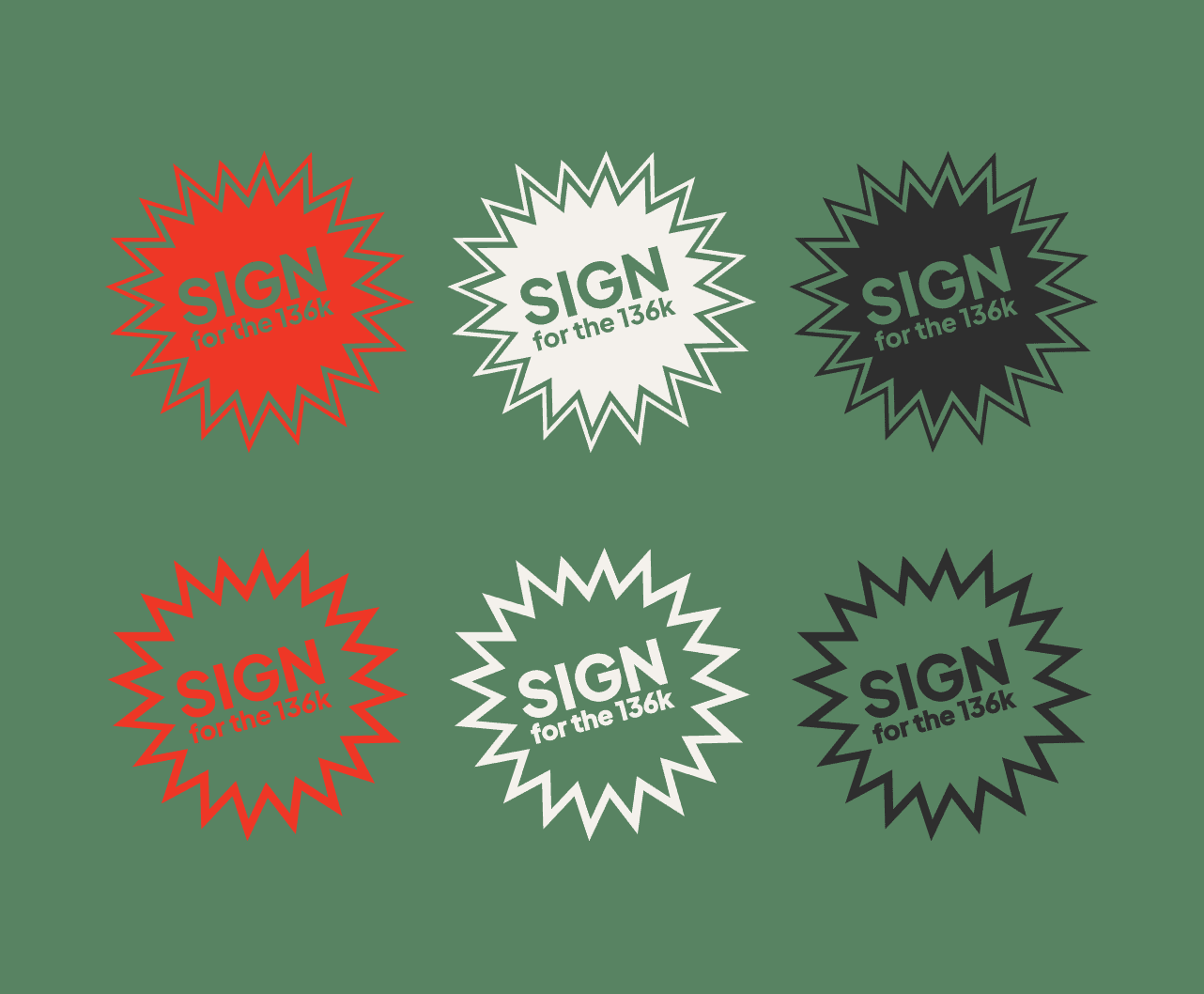 Six starburst icons against a green background, each bearing the text SIGN for the 136k in red, white, and black.