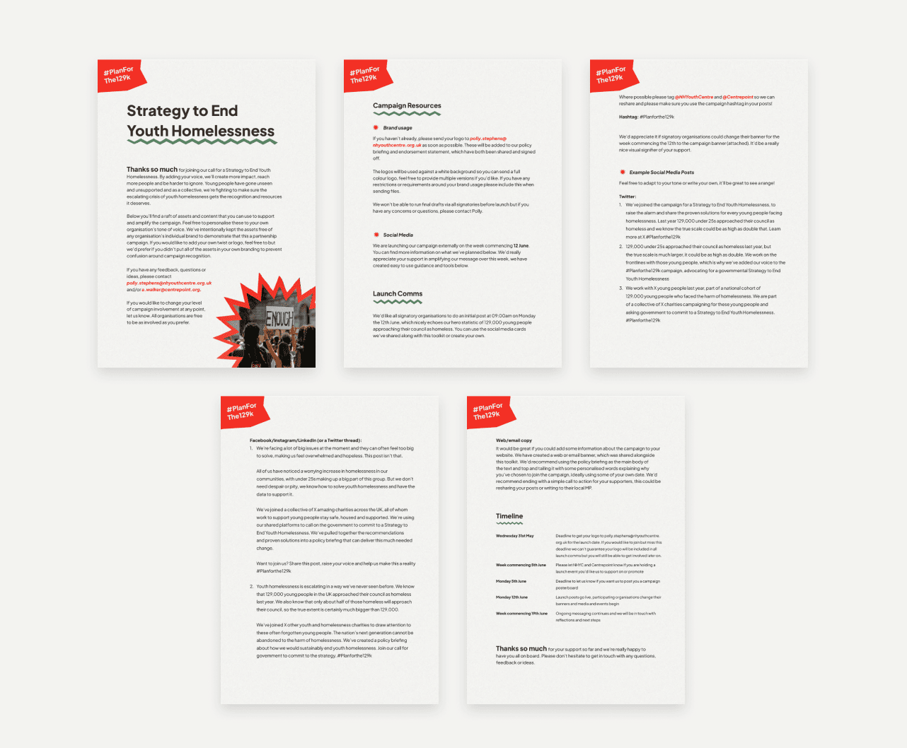 Five pages of a document titled Strategy to End Youth Homelessness, displaying text and graphics. The first page showcases a photo of a protest, with someone holding a sign saying END IT. The design features red accents and headings across all pages.