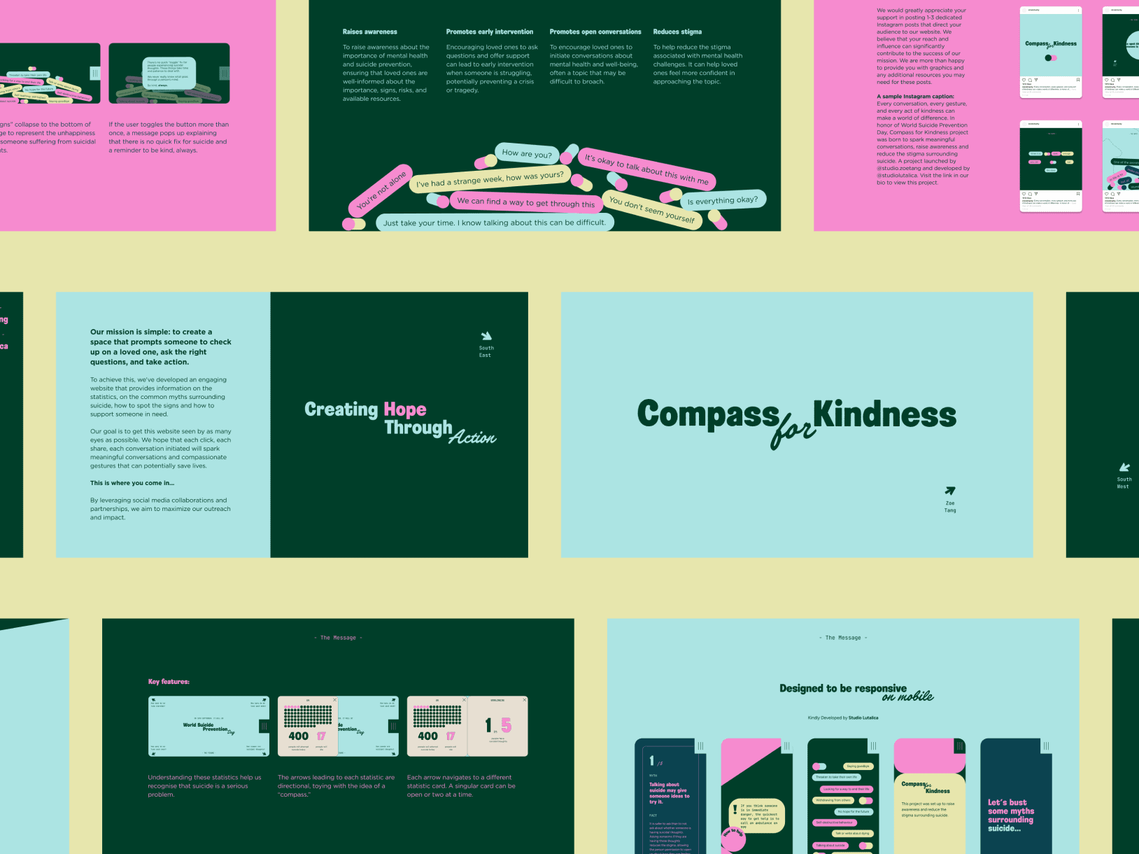 Collage showcasing segments with text and graphics in pastel pink, blue, and green. Key phrases include Creating Hope Through Action and Compass for Kindness. Display includes diverse app interface designs alongside feature descriptions.