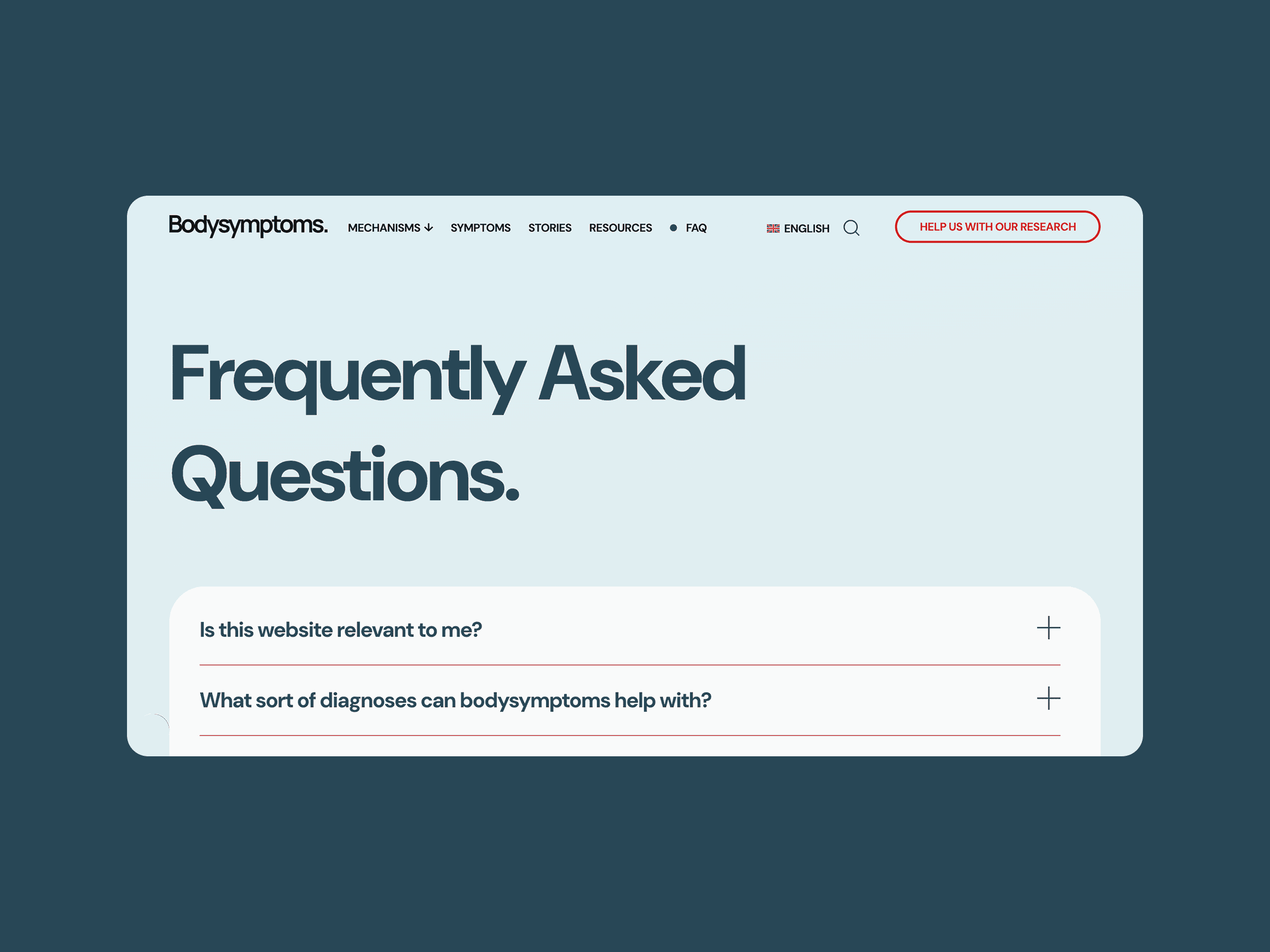 Bodysymptoms FAQ page showing bold 'Frequently Asked Questions' header with two questions: relevance and possible diagnoses.