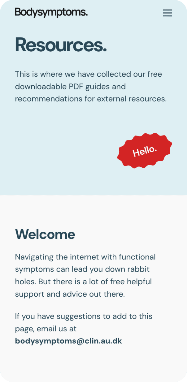 Bodysymptoms homepage still, featuring a Welcome message under main header