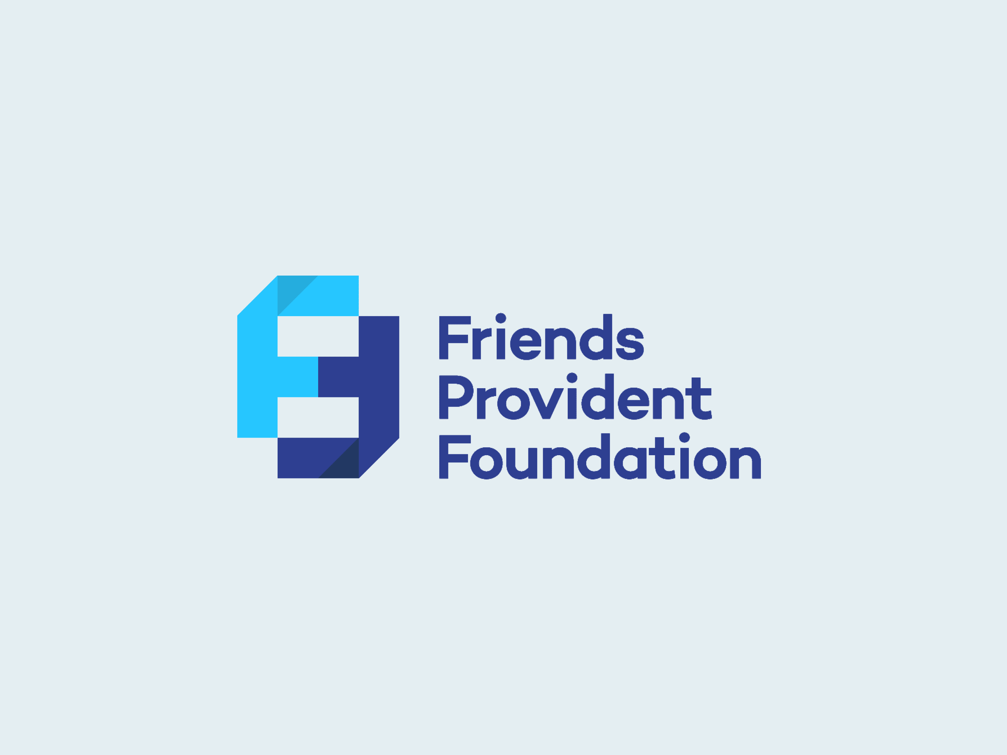 Logo of Friends Provident Foundation, showcasing a stylised F in various blue hues. The organisations name appears in blue text, aligned to the right against a light grey background.
