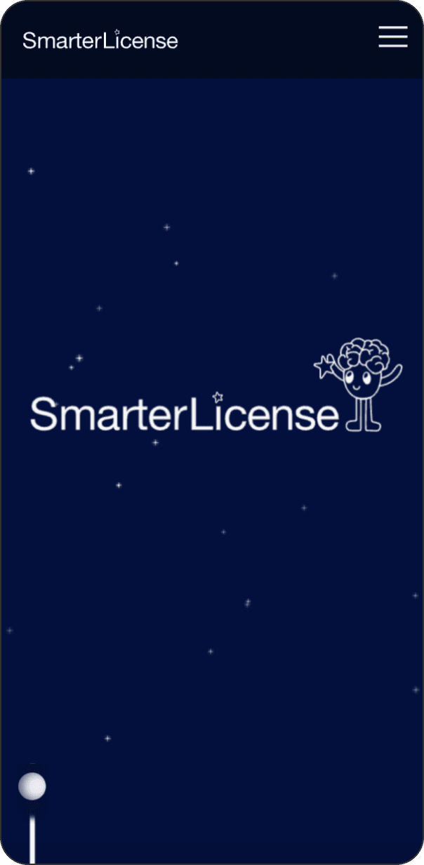 Smarter License homepage with muted starry night background and main logo