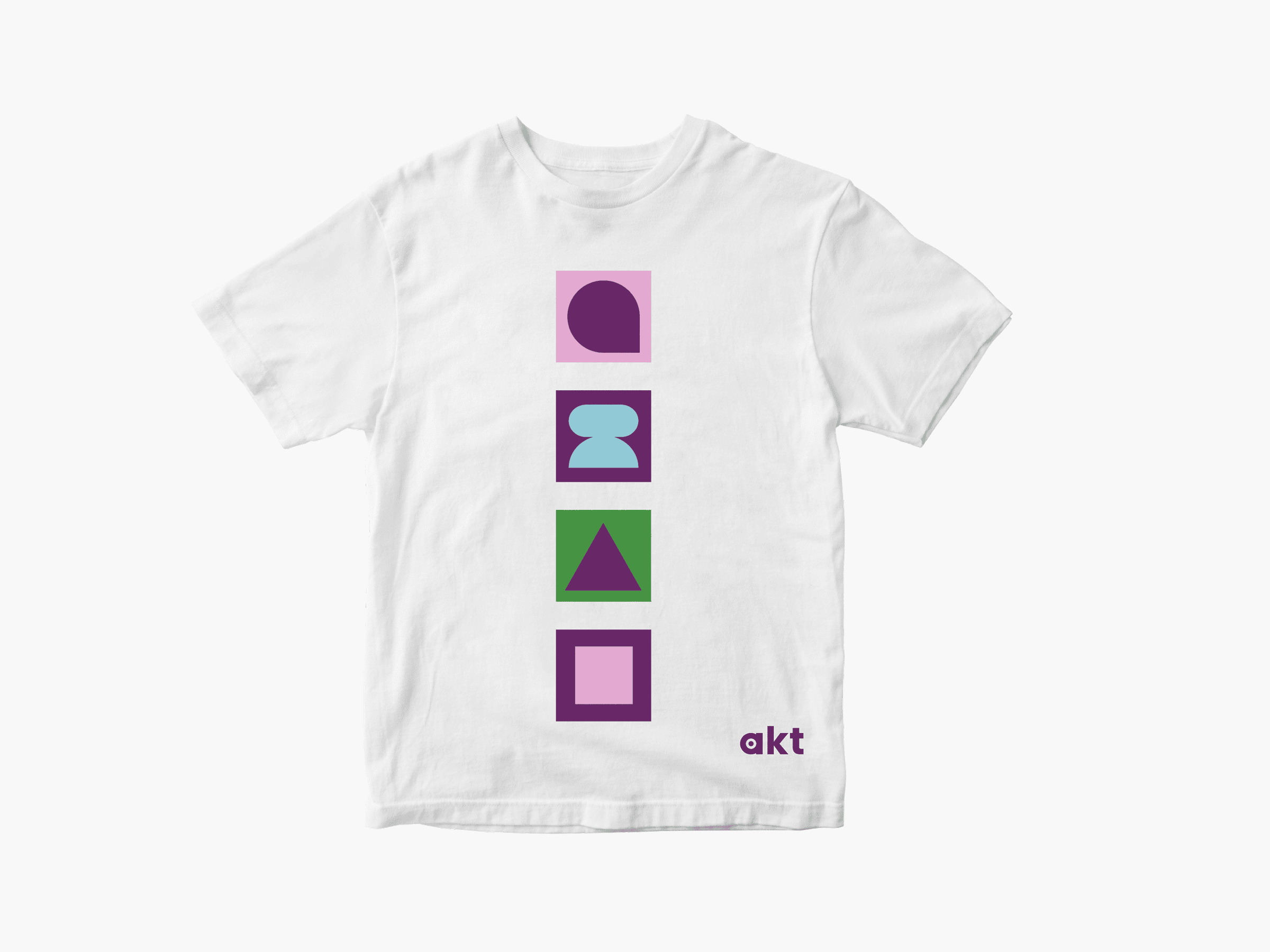 White T-shirt with four colourful stacked squares, each holding a geometric: purple semicircle, turquoise blob, green triangle, purple square. @kt near hem.