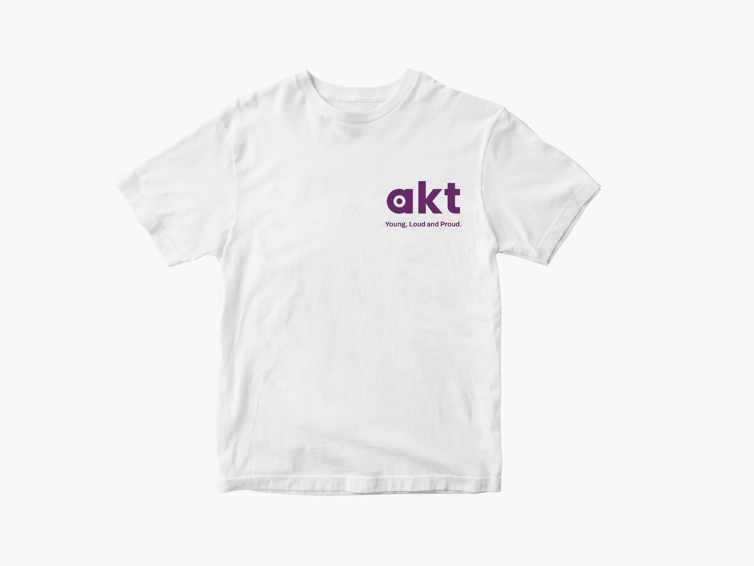White tee featuring a purple akt logo on the left chest, with “Young, Loud and Proud.” below in small purple lettering.