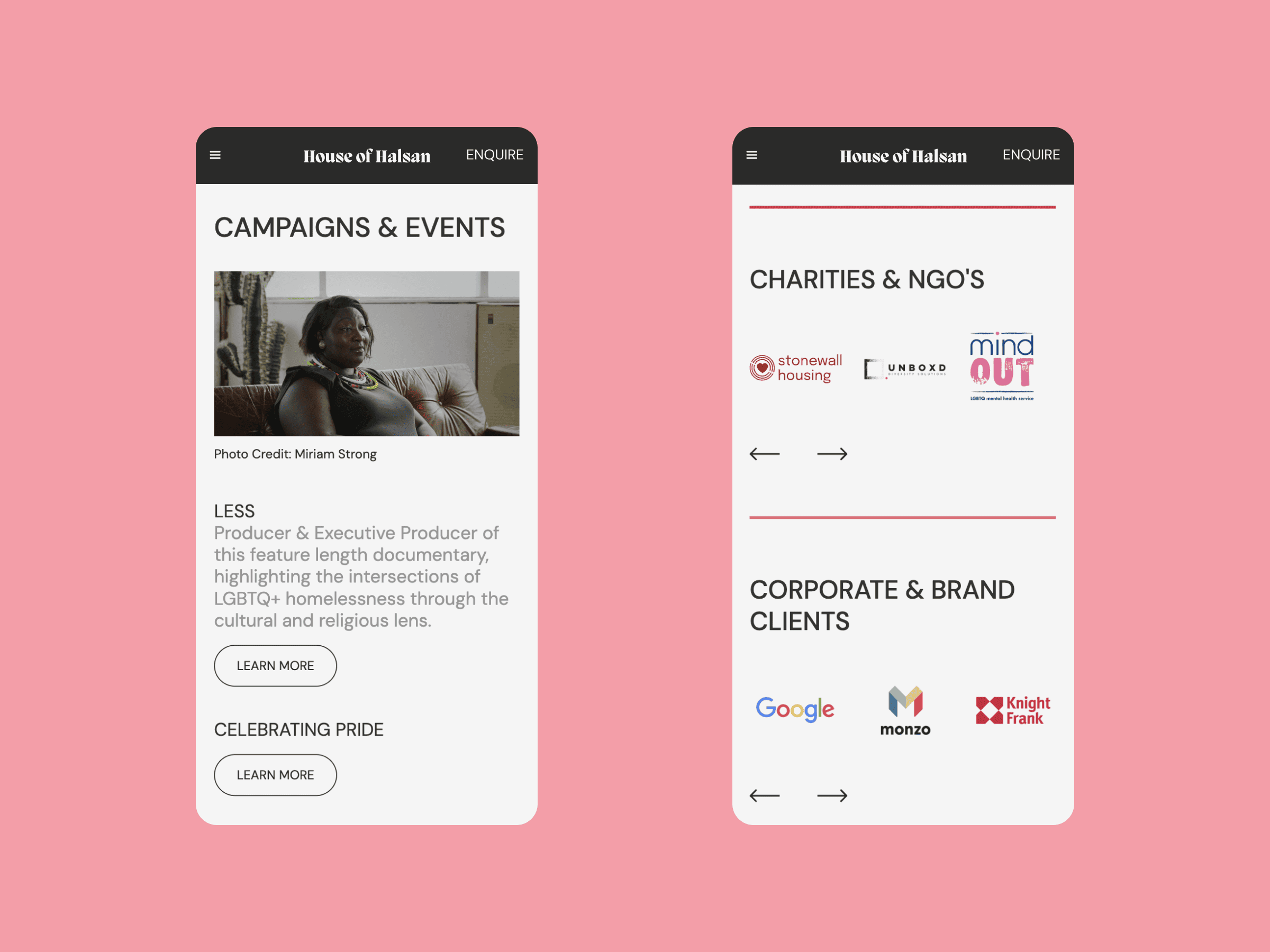 Two smartphone screens displaying the House of Haksan website. The left screen features the Campaigns & Events section with a photo and text about a project. The right screen shows logos of Charities & NGOs and Corporate & Brand Clients, including Google and Monzo.