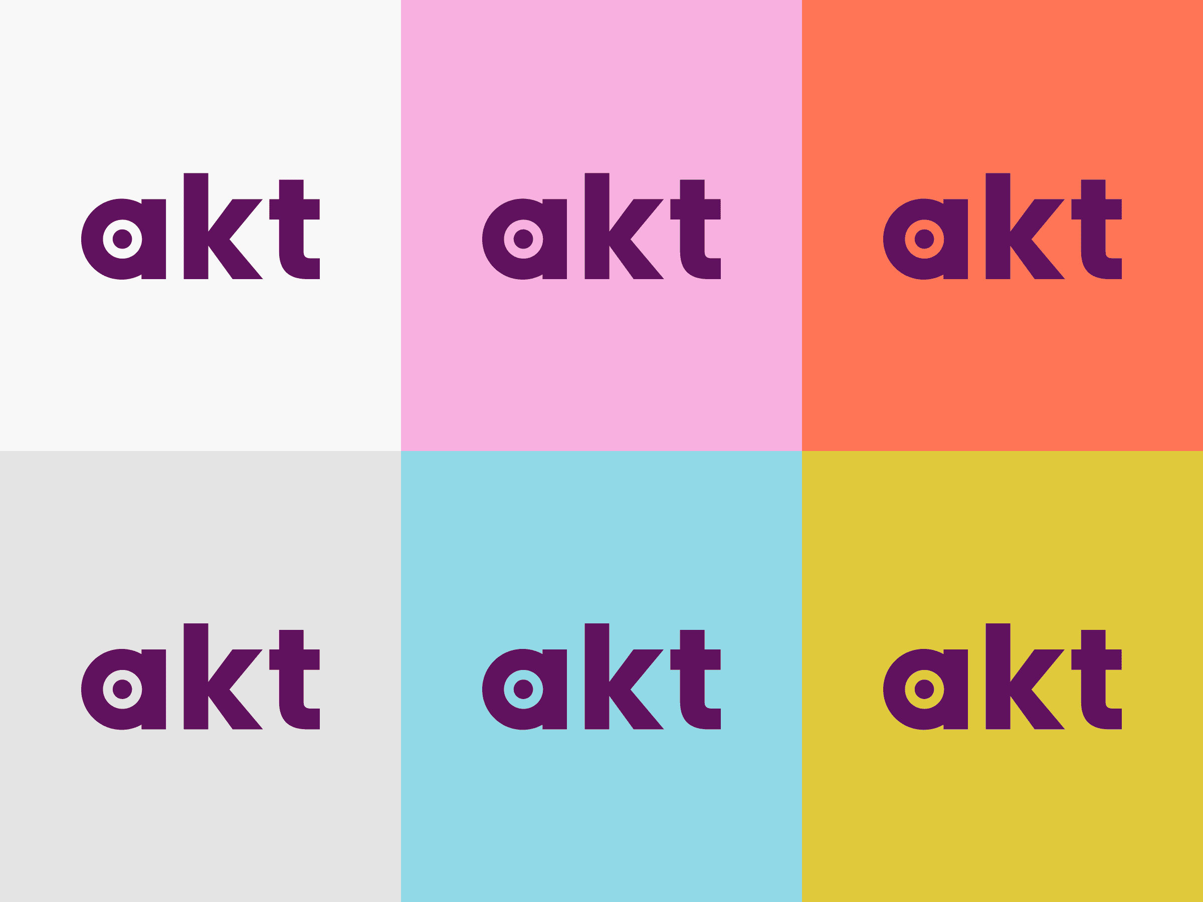 Six colourful squares, each with a different background—white, pink, orange, grey, blue, yellow—show "akt" in bold dark purple.