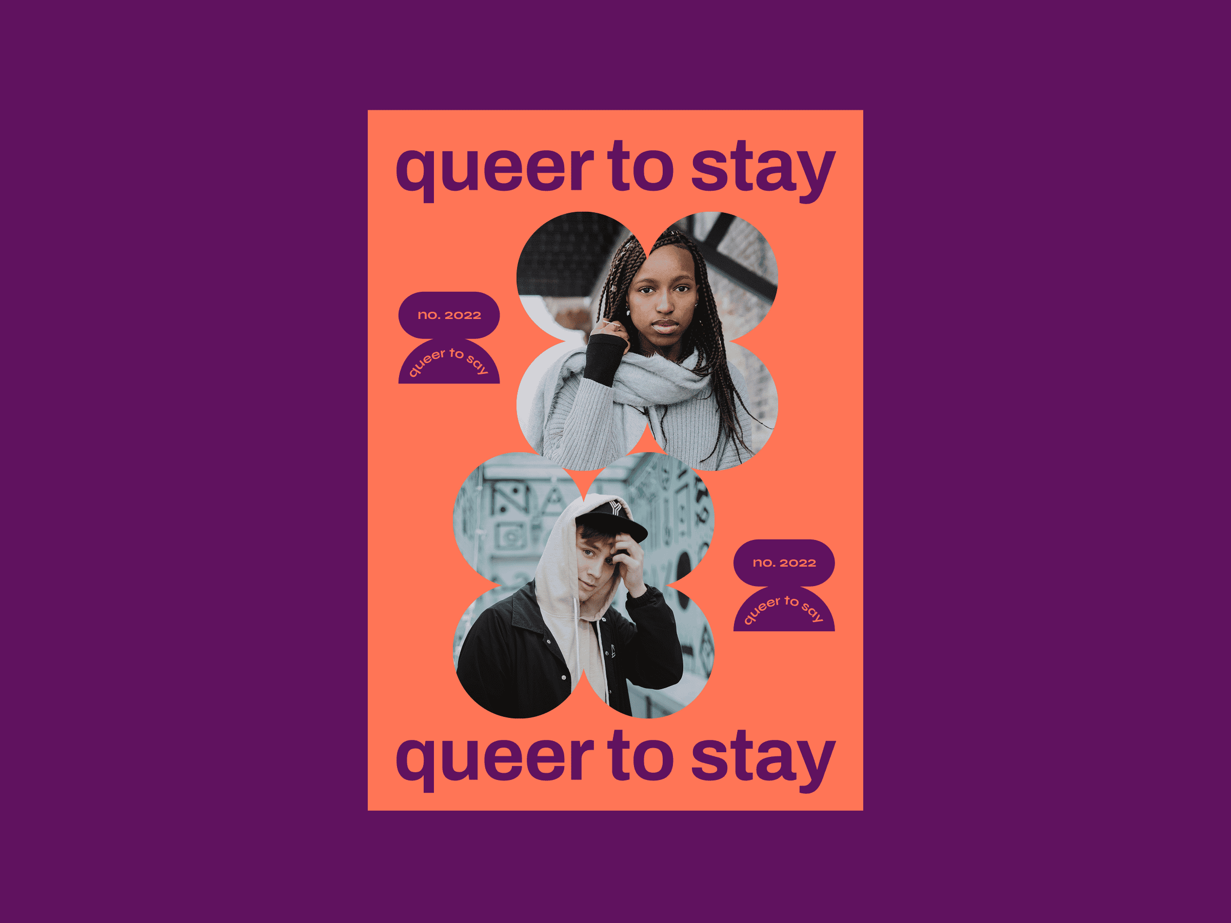 Orange poster with portraits of a woman in a white scarf and a man in a hoodie, flowers framing them, “queer to stay” text, No. 2022 in purple bubbles.