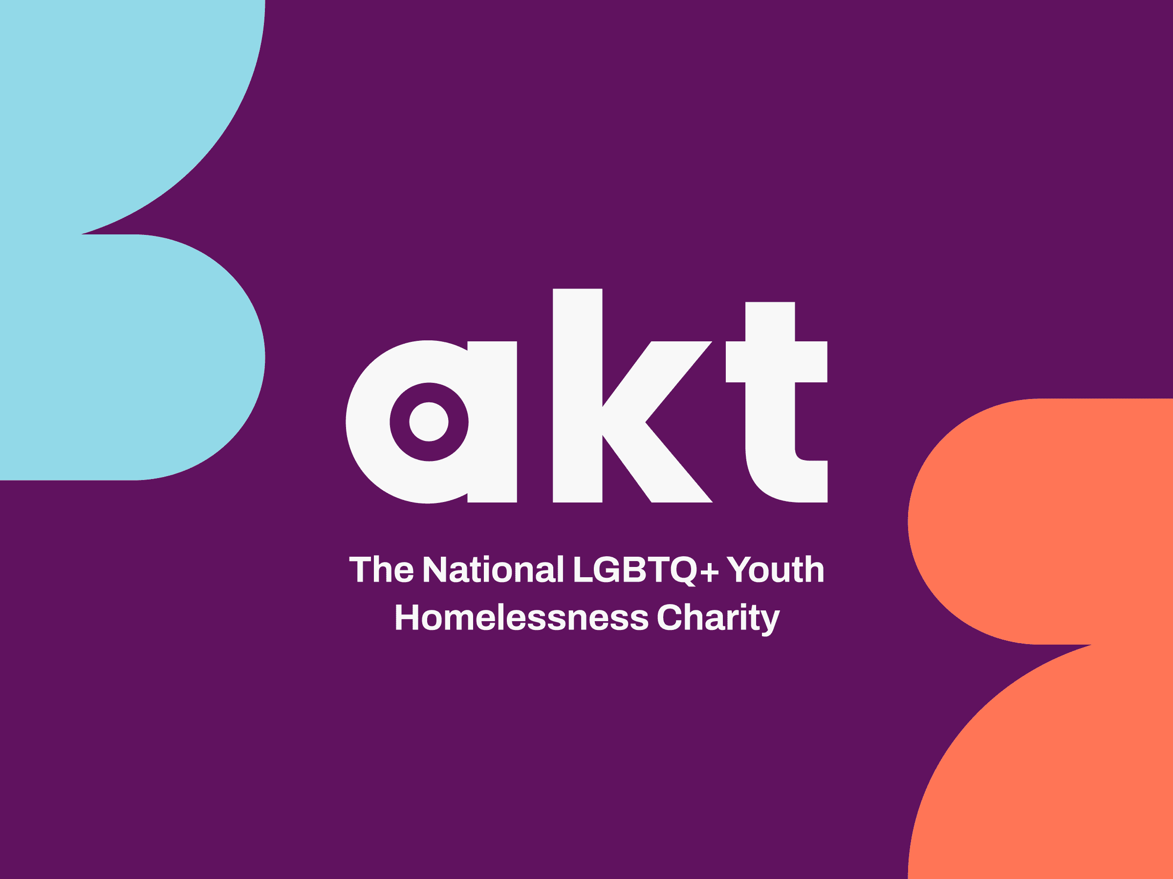 Akt logo with tagline ‘The National LGBTQ+ Youth Homelessness Charity’ on purple, light blue shape left, orange shape right.