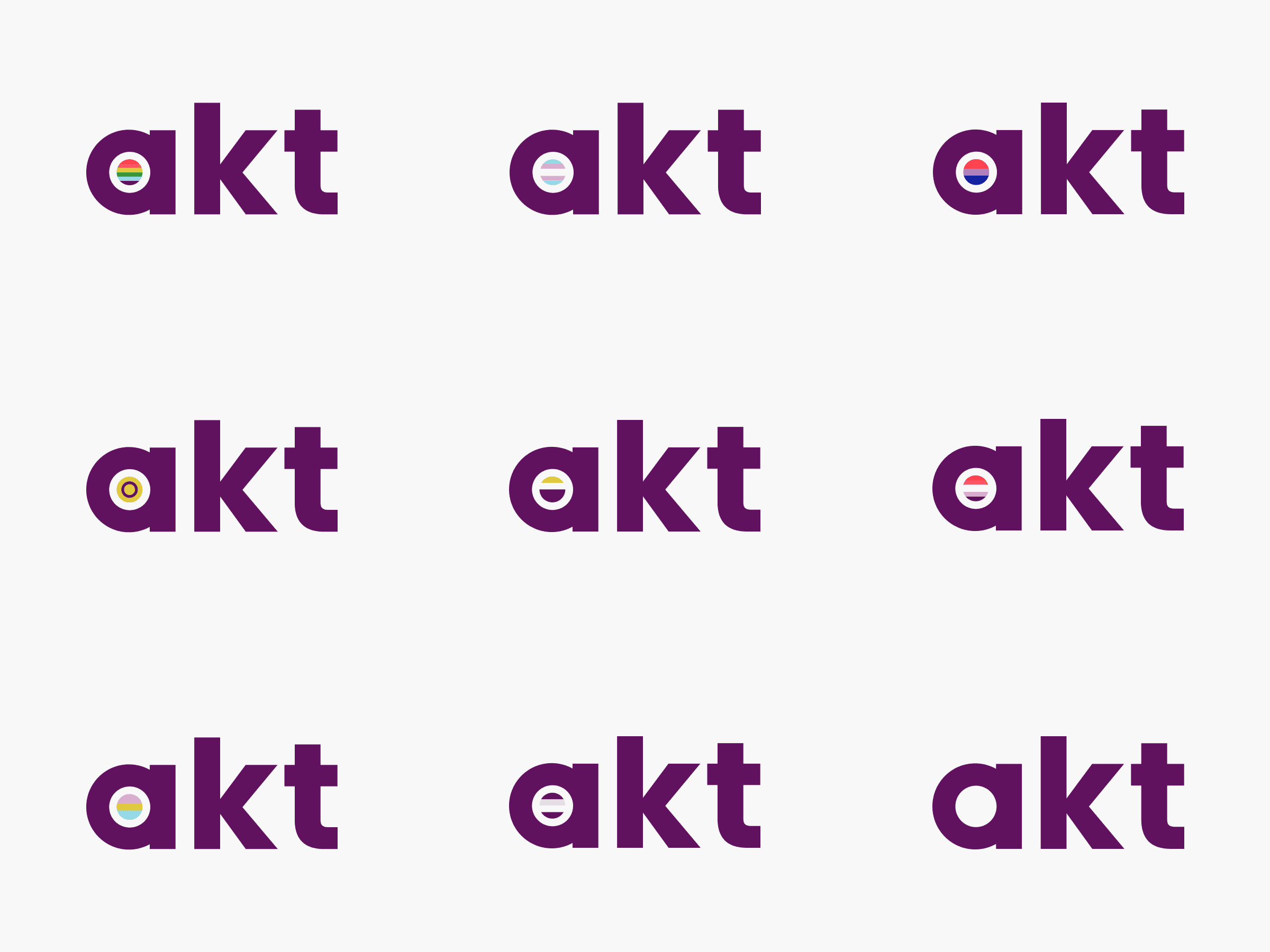 Nine purple akt logos on white; seven feature diverse pride flags in the 'a', while centre and bottom right show a plain purple 'a'.