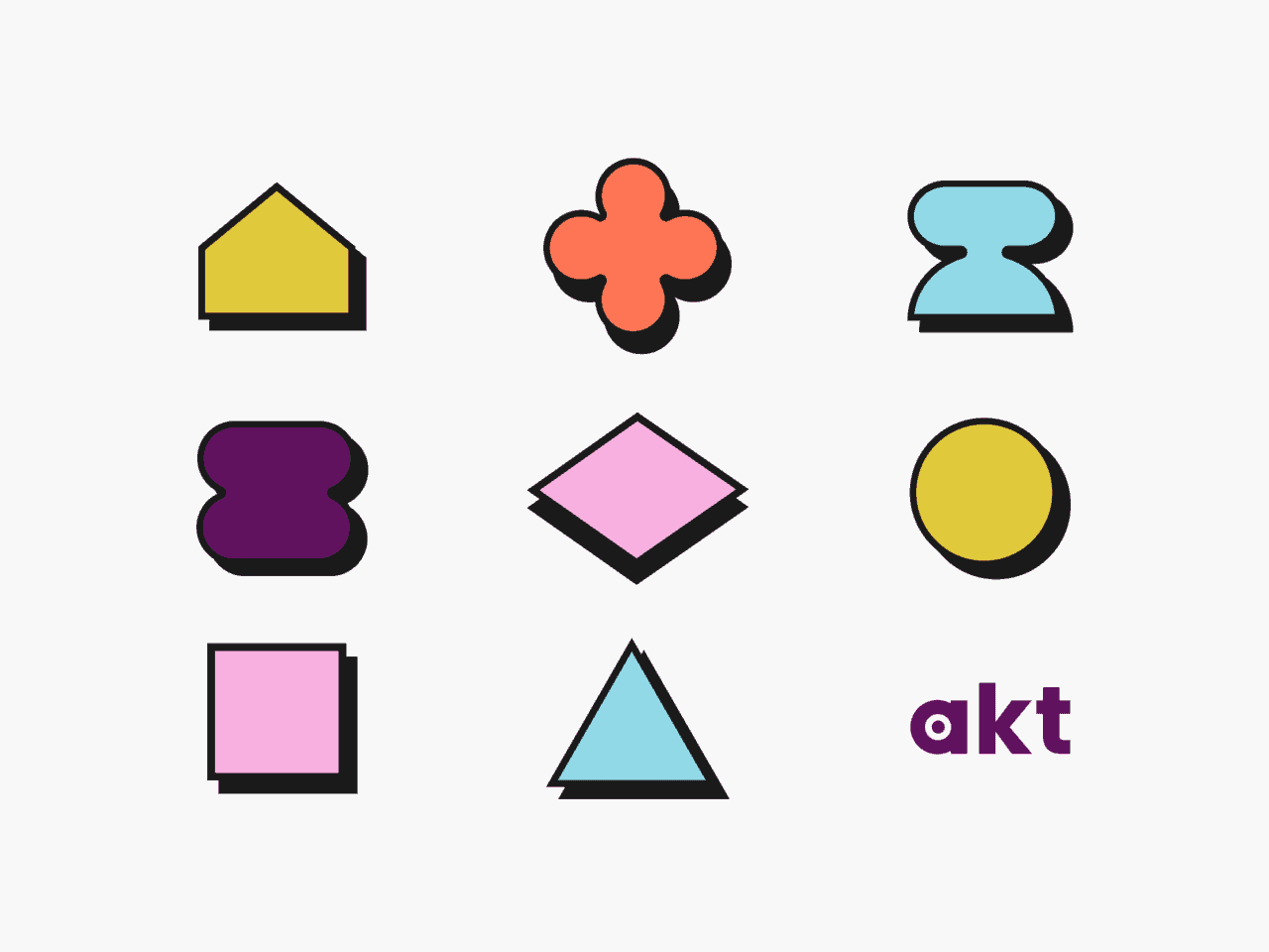Nine colourful geometric shapes—house, clover, cloud, blobs, diamonds, circle, square, triangle—with bold purple akt text bottom right.