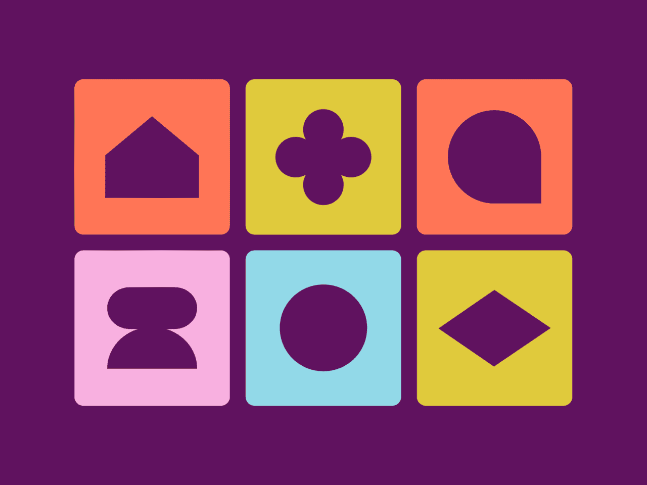 Six colourful squares on a purple background, each with a house, clover, teardrop, abstract shape, circle or diamond in bright hues.