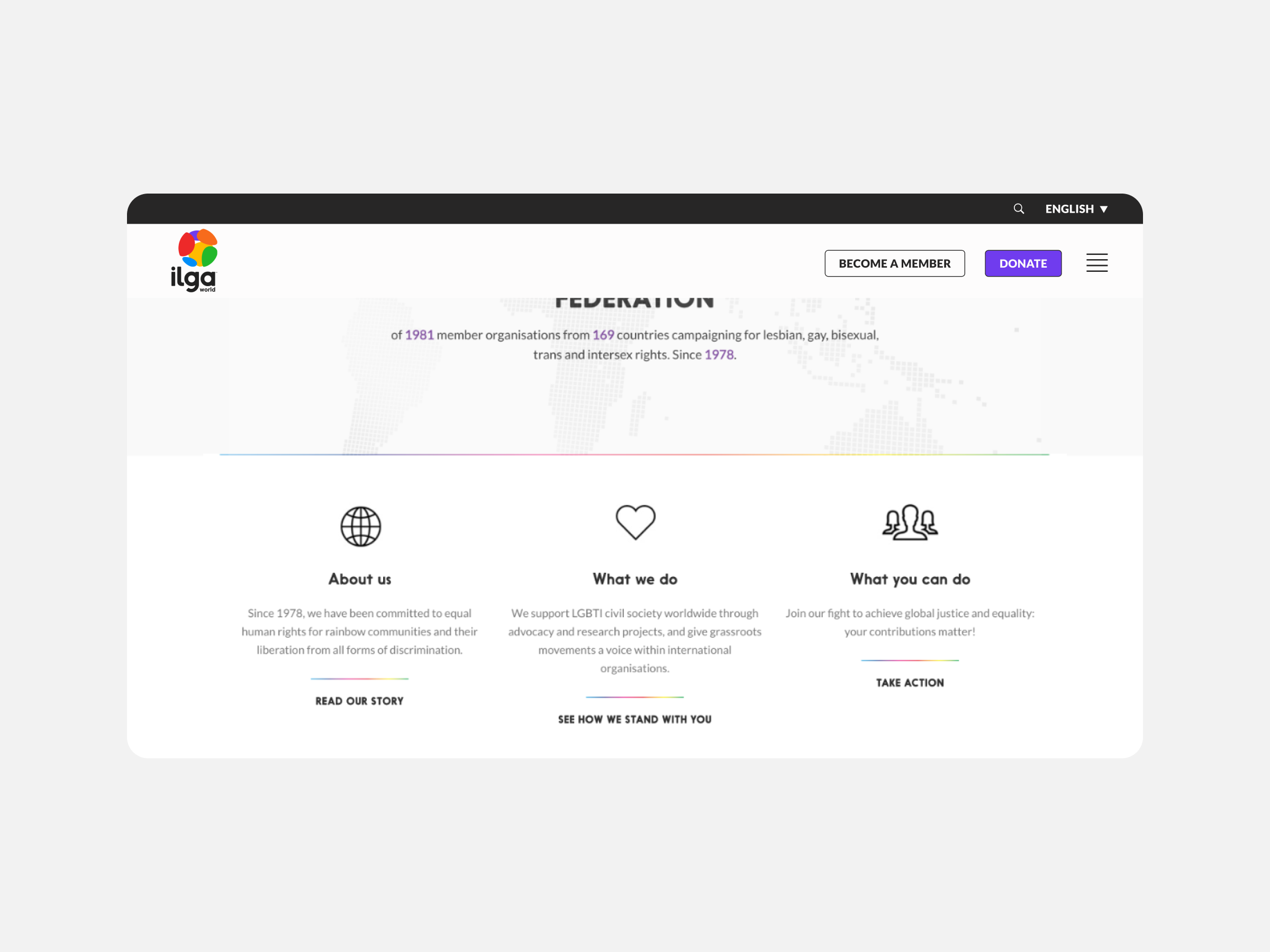 Screenshot of a website for an organisation with logos and menu options at the top. Sections emphasise their mission, activities, and advocacy for LGBTQIA+ rights, featuring categories like About Us, What We Do, and What You Can Do.