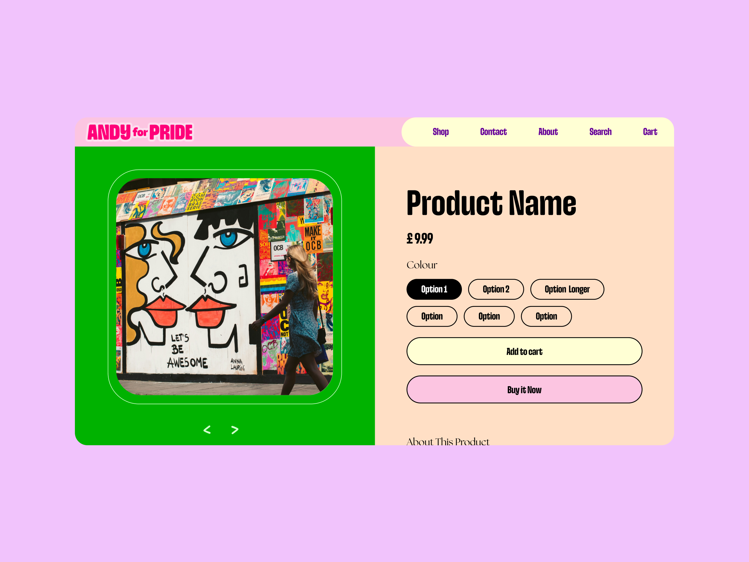 A vibrant webpage shows a woman strolling by a mural featuring abstract faces on a wall cluttered with posters. To the right, theres text displaying Product Name, a price of £999, and various product options. Navigation links are positioned at the top.
