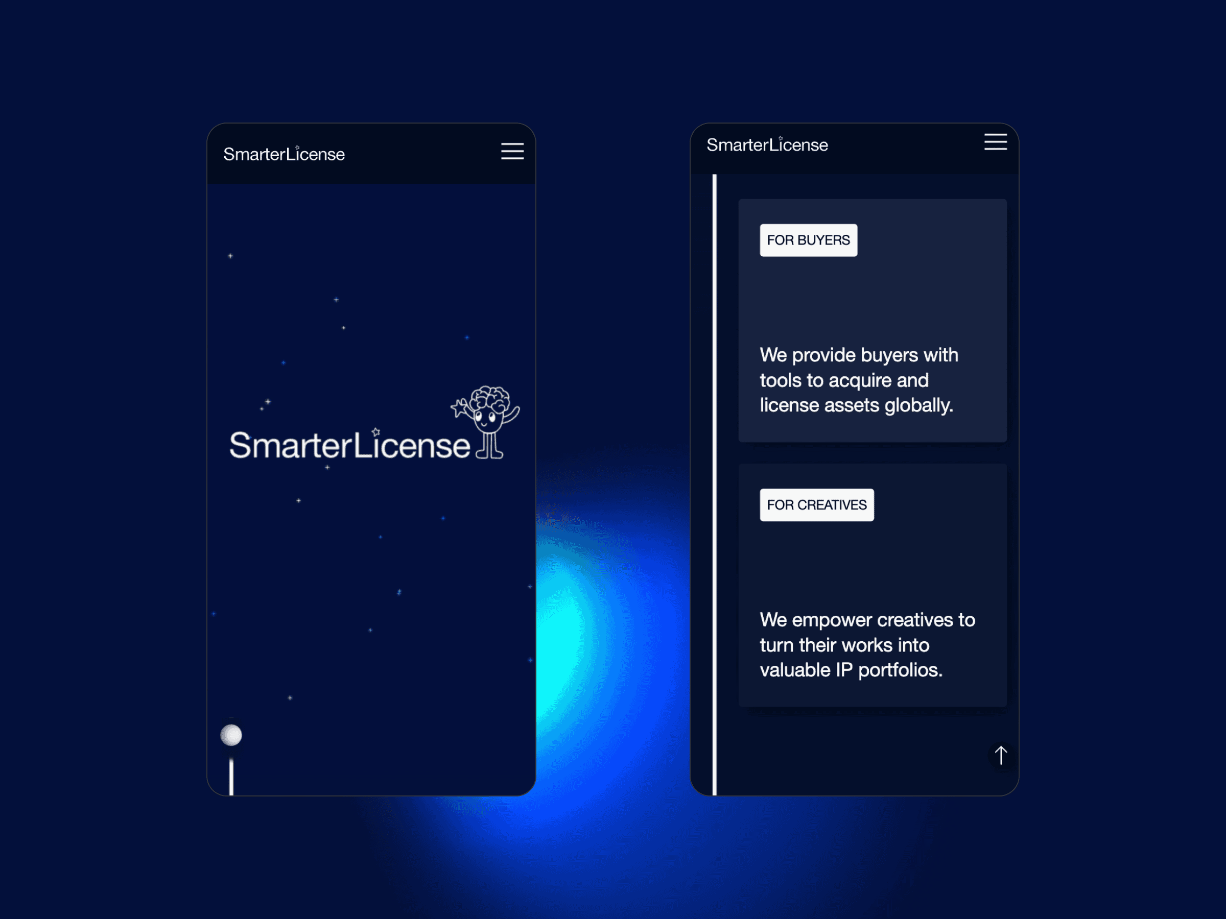 Two SmarterLicence app screens on a dark background; left shows tree logo, right lists top features for buyers and creatives.