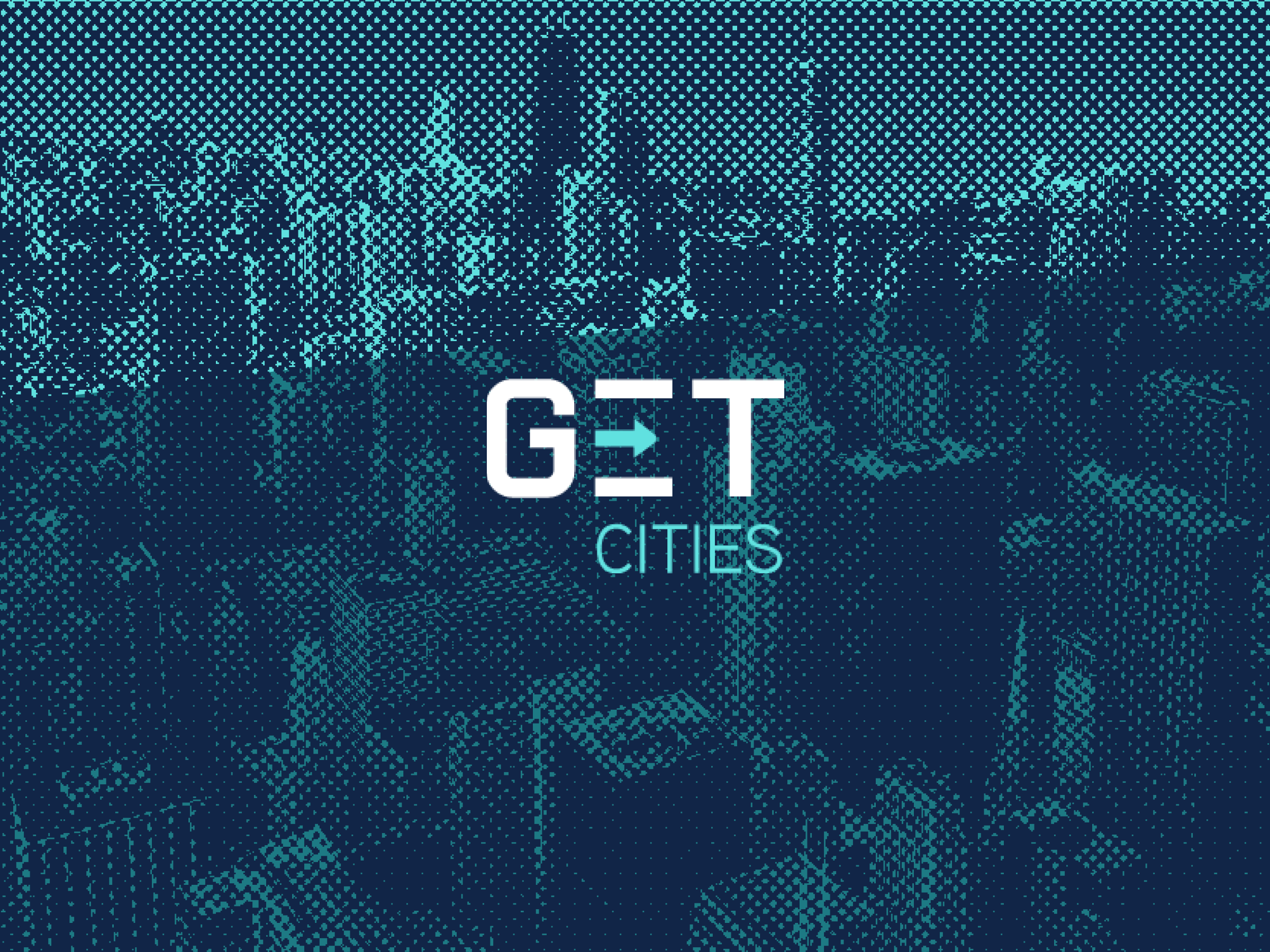 Image of a stylised cityscape with a digital dot pattern overlay. GET Cities is boldly featured in the centre in white text, standing out against the blue-toned urban backdrop.