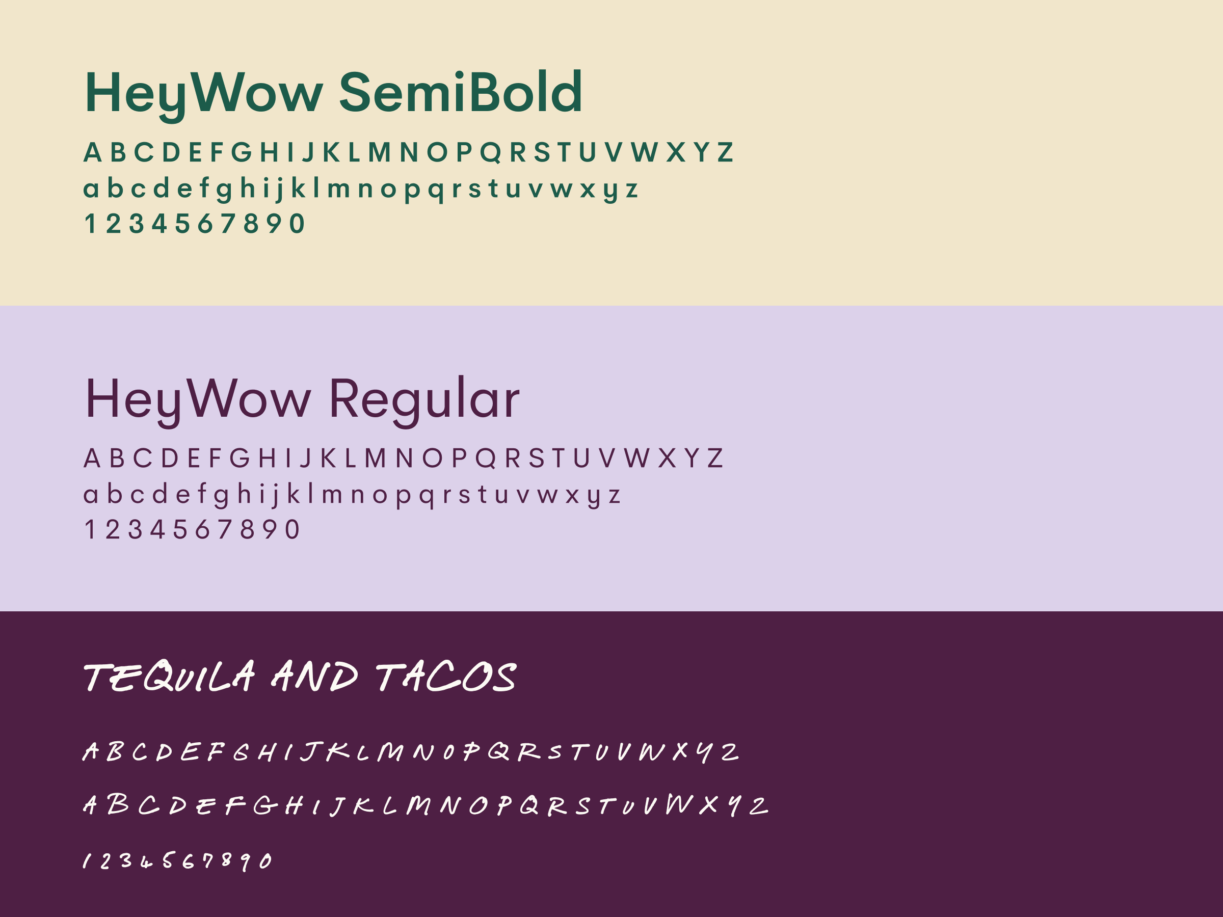 Image displaying three typefaces: HEYWOW SEMIBOLD in uppercase on a cream background, heywow regular in lowercase on a lavender background, and TEQUILA AND TACOS in uppercase on a plum background. Each typeface showcases both letters and numbers.