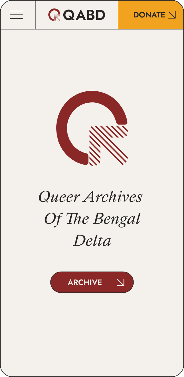 Screenshot of a mobile website homepage showing the Queer Archives of the Bengal Delta logo. Features a Donate button in the top right corner and an Archive button in the centre.