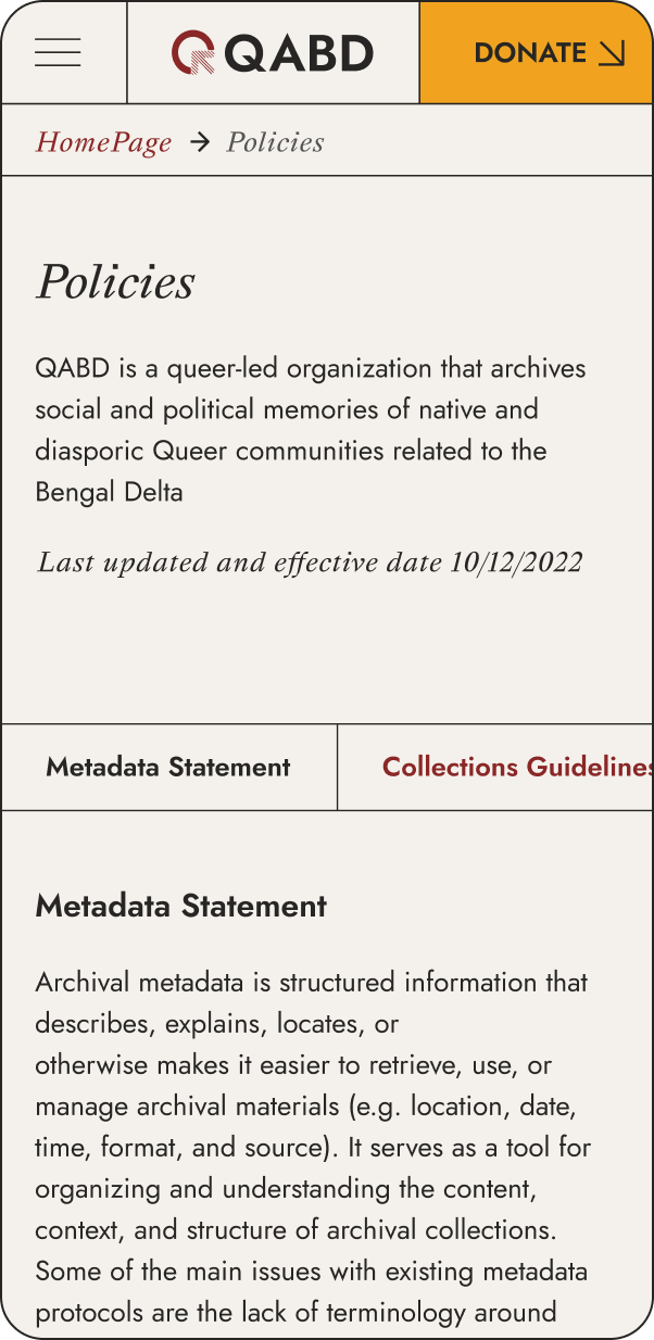 A mobile webpage for QABD featuring sections titled Policies and Metadata Statement. It presents the mission to archive queer community memories from the Bengal Delta. A Donate button is positioned at the top.