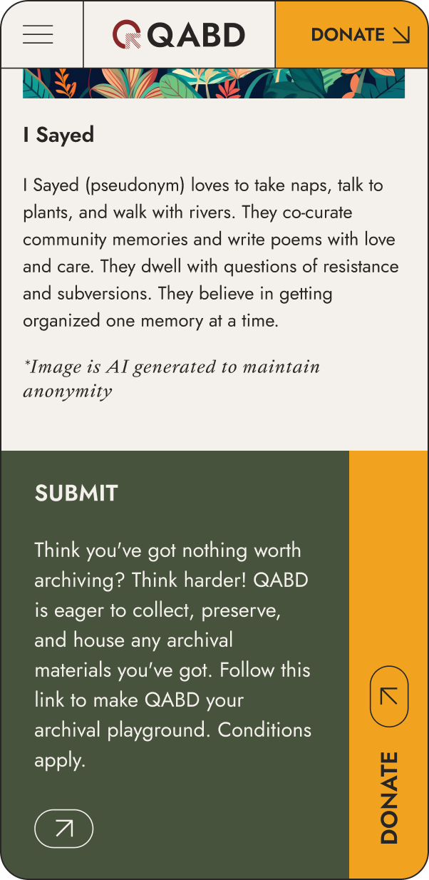 Mobile webpage displaying a short biography of Sayed, a pseudonymous figure, with an appeal for donations to QABD. The design features decorative leaf patterns and includes a Submit section for contributing archival materials.