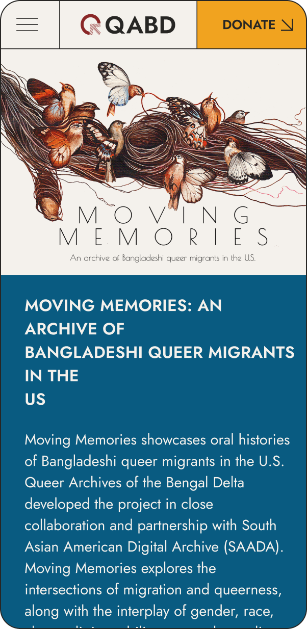 Screenshot of a webpage titled Moving Memories: An Archive of Bangladeshi Queer Migrants in the US. The page features colourful illustrations of butterflies and plants alongside text detailing the projects emphasis on capturing oral histories.