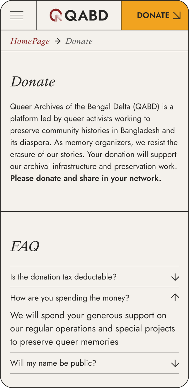 Mobile webpage for QABD featuring a header with logo and Donate button. The Donate section outlines the mission of Queer Archives of the Bengal Delta. The FAQ section covers enquiries about tax deductions, spending, and privacy policies.