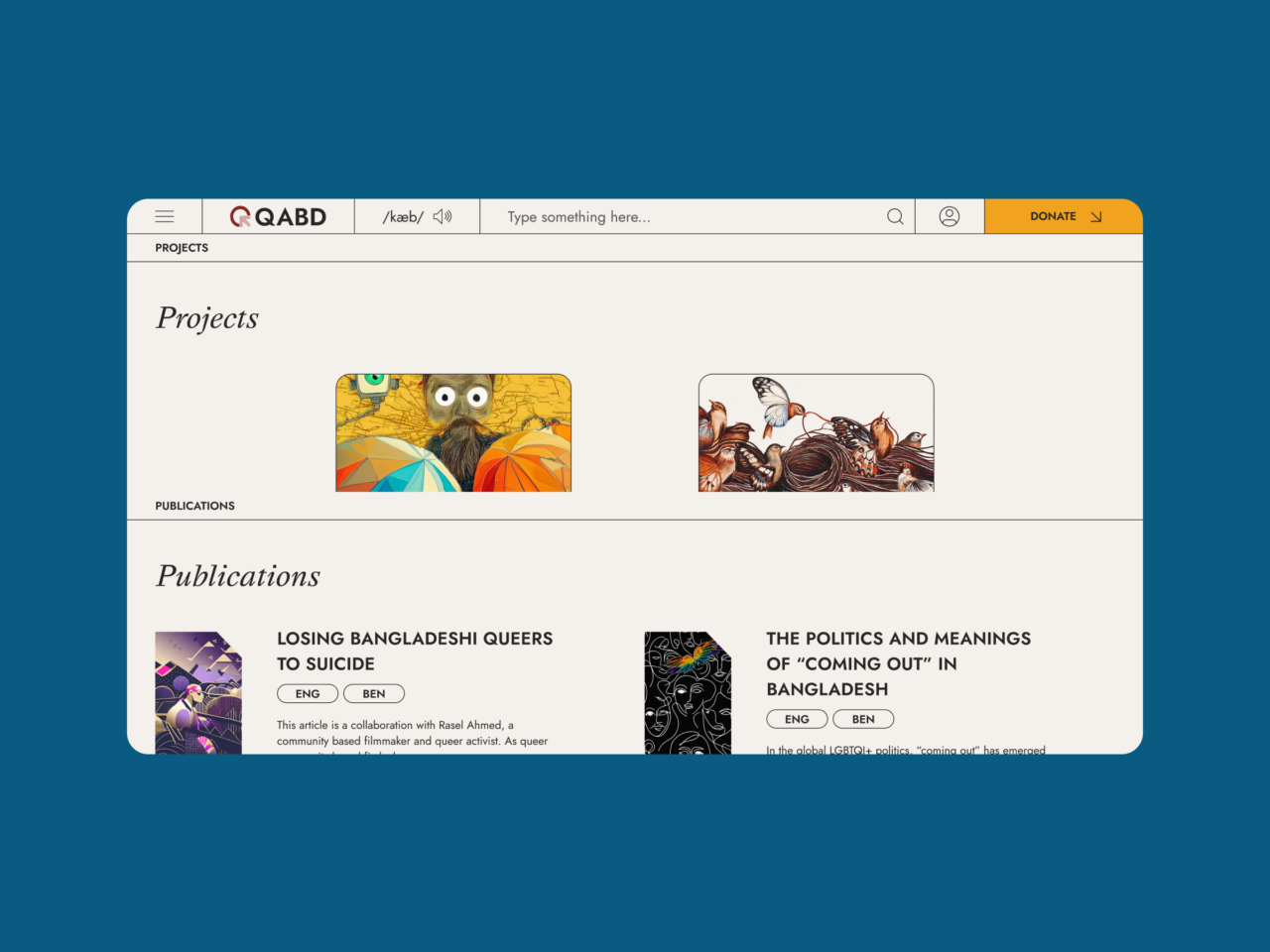 Screenshot of the QABD website displaying a section with projects and publications. The projects area features vibrant illustrations. The publications section lists titles including Losing Bangladesh Queers to Suicide and The Politics and Meanings of Coming Out in Bangladesh.